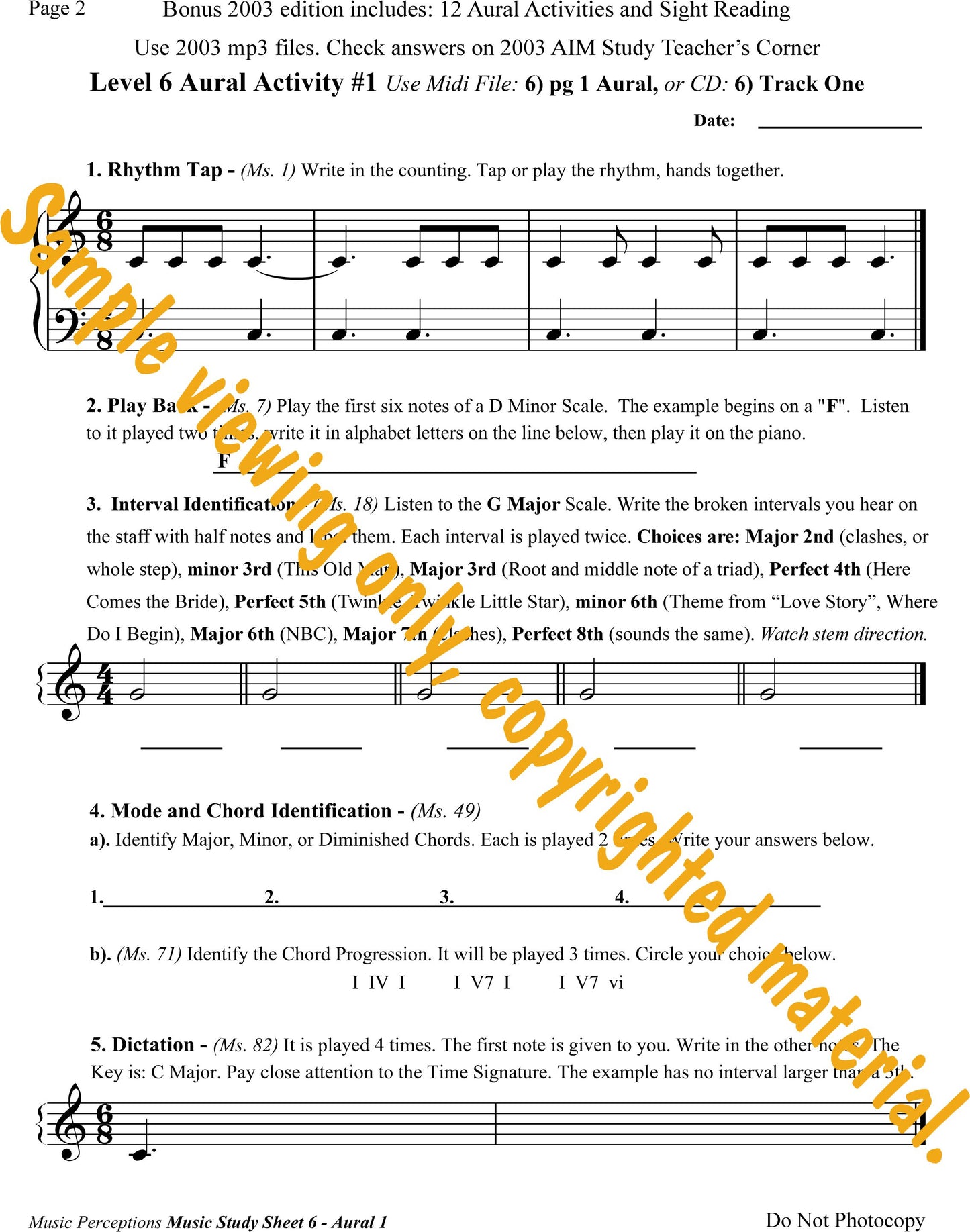 Music Study Sheets Level 6 Sample of Page 2 from the Bonus 2003 edition. Access to Aural Activity .mp3 files is available with purchase of the book. By LeAnn Halvorson.