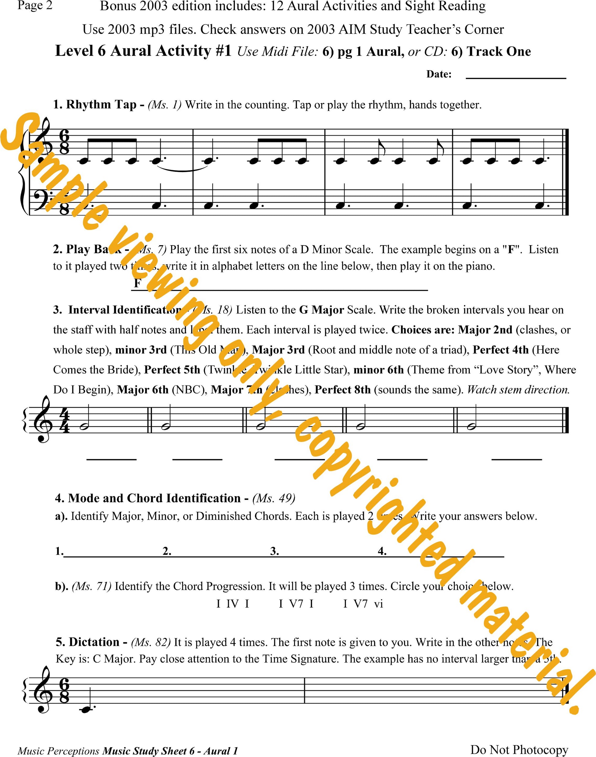 Music Study Sheets Level 6 Sample of Page 2 from the Bonus 2003 edition. Access to Aural Activity .mp3 files is available with purchase of the book. By LeAnn Halvorson.