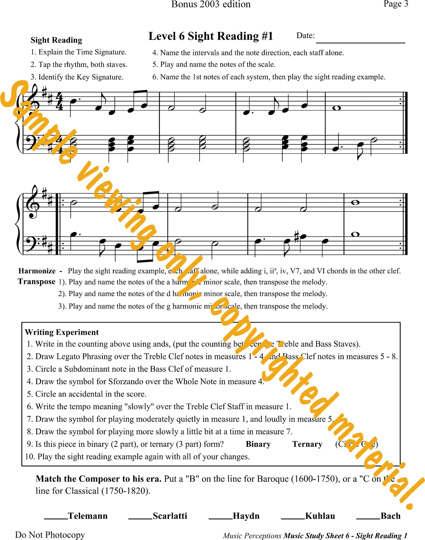 Music Study Sheets Level 6 Page 3 Sample from Bonus 2003 edition by LeAnn Halvorson.