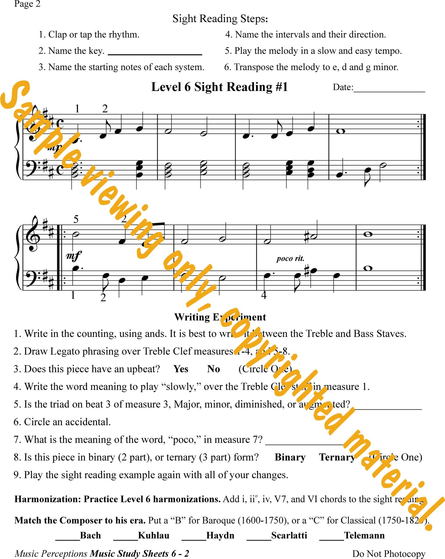 Music Study Sheets Level 6 Sample of Page 2 by LeAnn Halvorson.