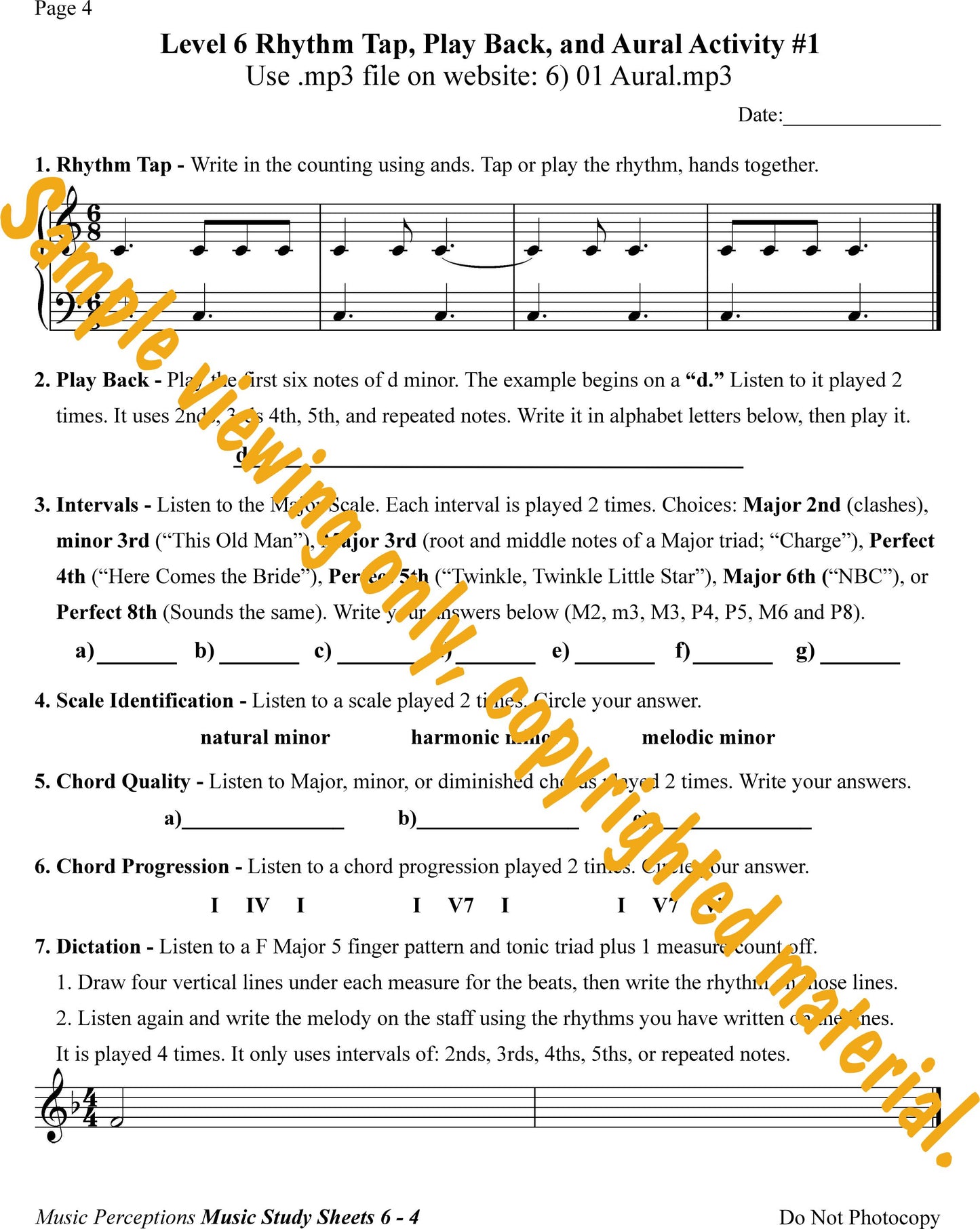 Music Study Sheets Level 6 Sample of Page 4. Access to Aural Activity .mp3 files is available with purchase of the book. By LeAnn Halvorson.