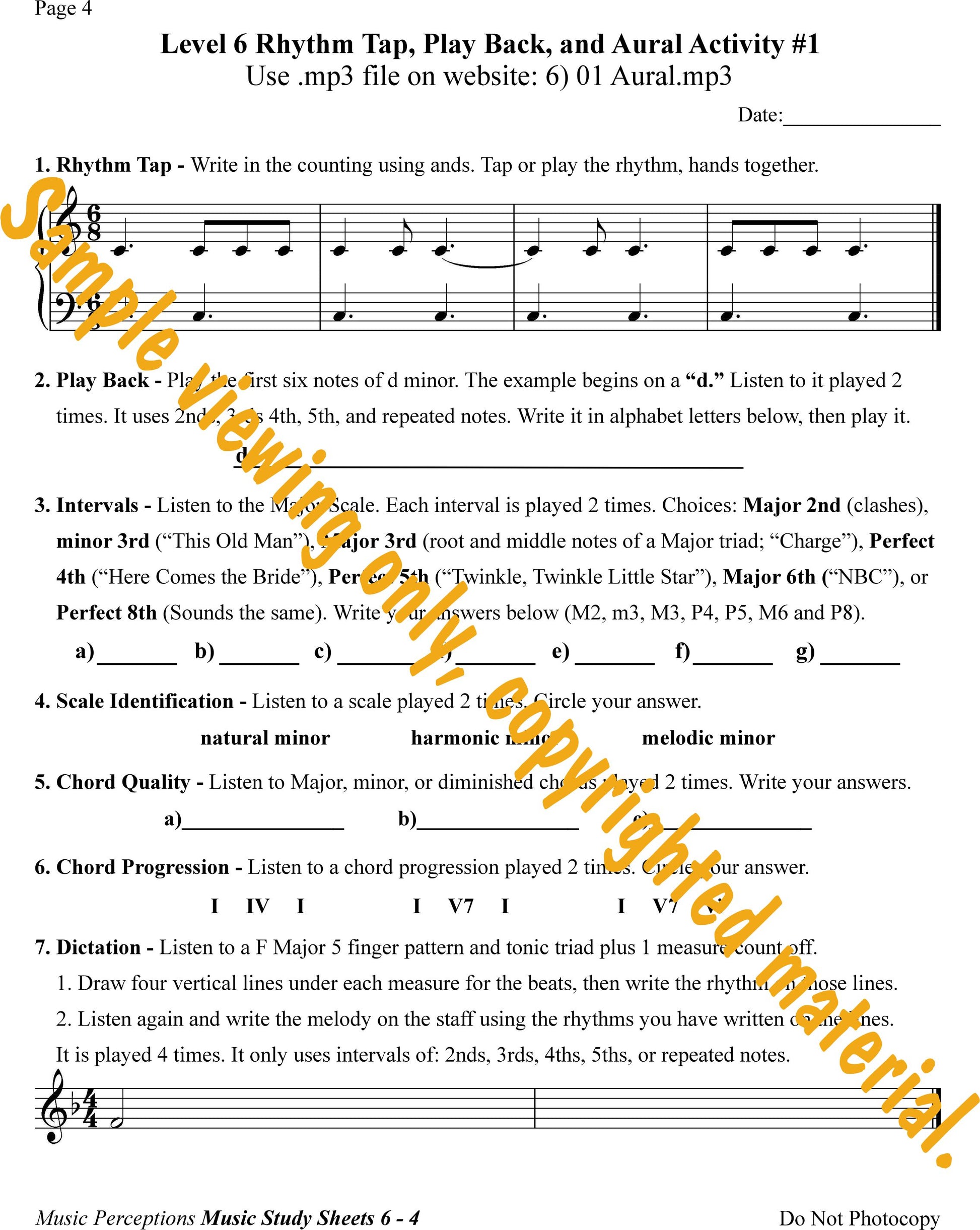 Music Study Sheets Level 6 Sample of Page 4. Access to Aural Activity .mp3 files is available with purchase of the book. By LeAnn Halvorson.