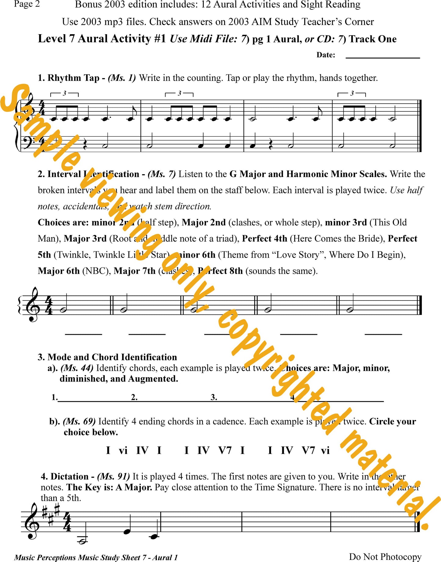 Music Study Sheets Level 7 Sample Page 2 from Bonus 2003 edition. Access to Aural Activity .mp3 files available with purchase of the book by LeAnn Halvorson.