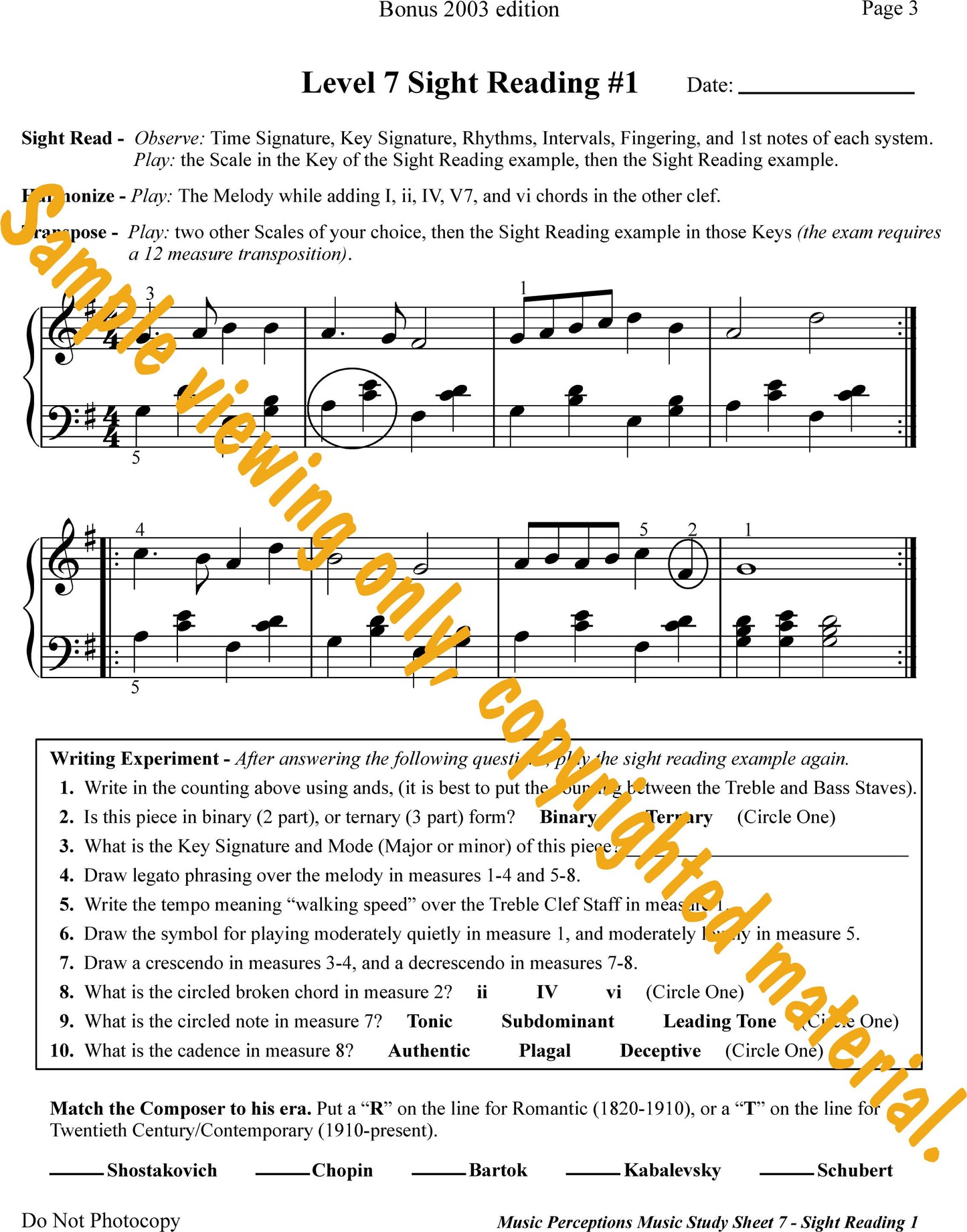 Music Study Sheets Level 7 Page 3 from Bonus 2003 edition by LeAnn Halvorson.