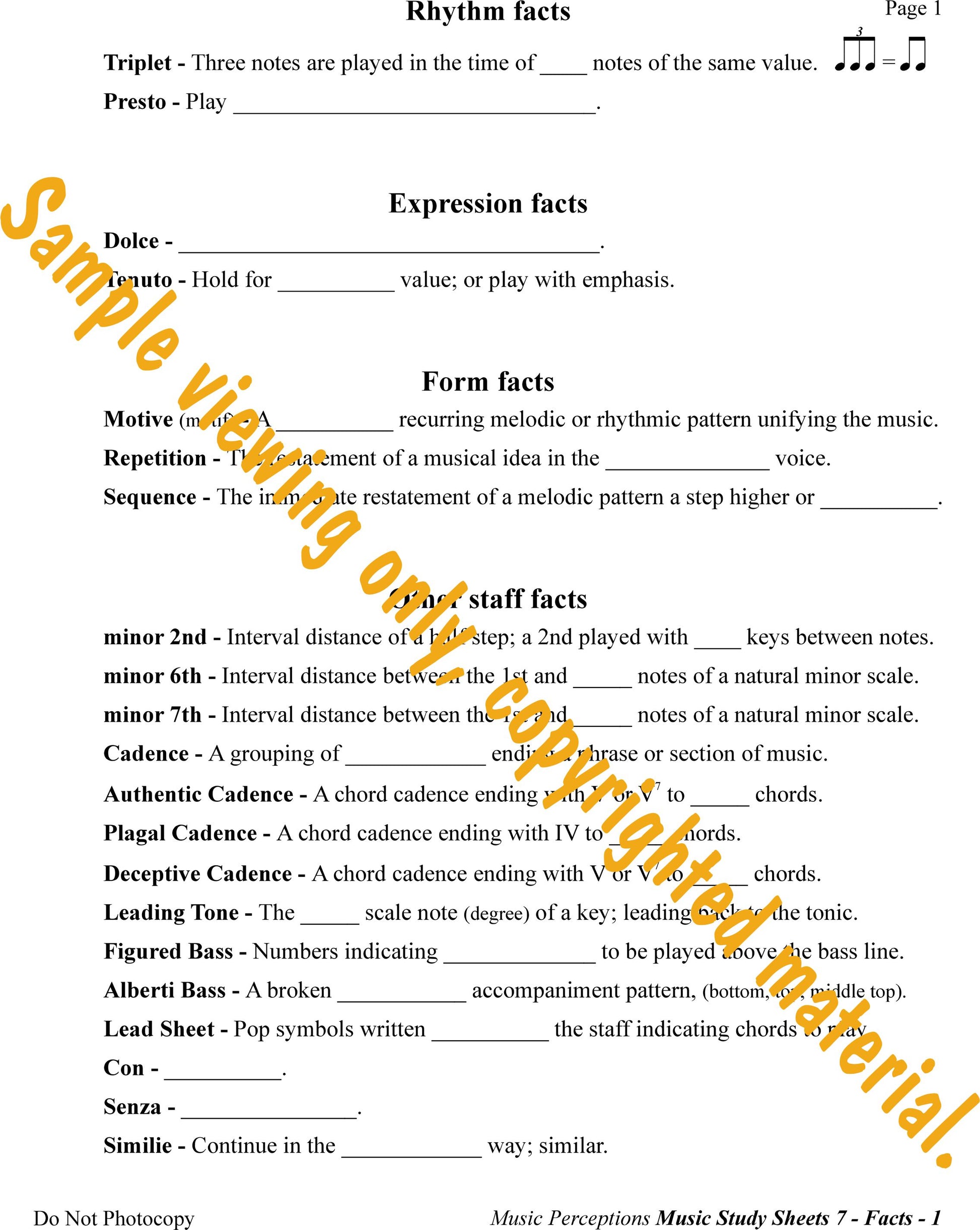 Music Study Sheets Level 7 Sample Page 1 Facts to Know by LeAnn Halvorson.