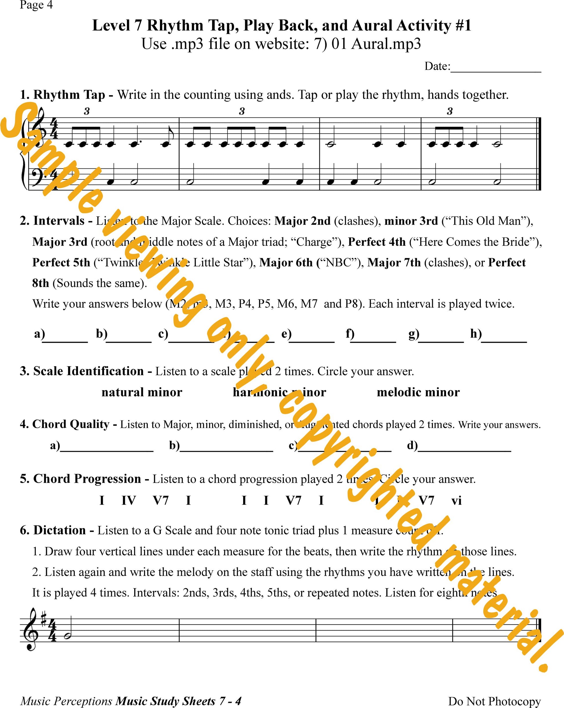 Music Study Sheets Level 7 Sample Page 4. Access to Aural Activity .mp3 files available with purchase of the book by LeAnn Halvorson.