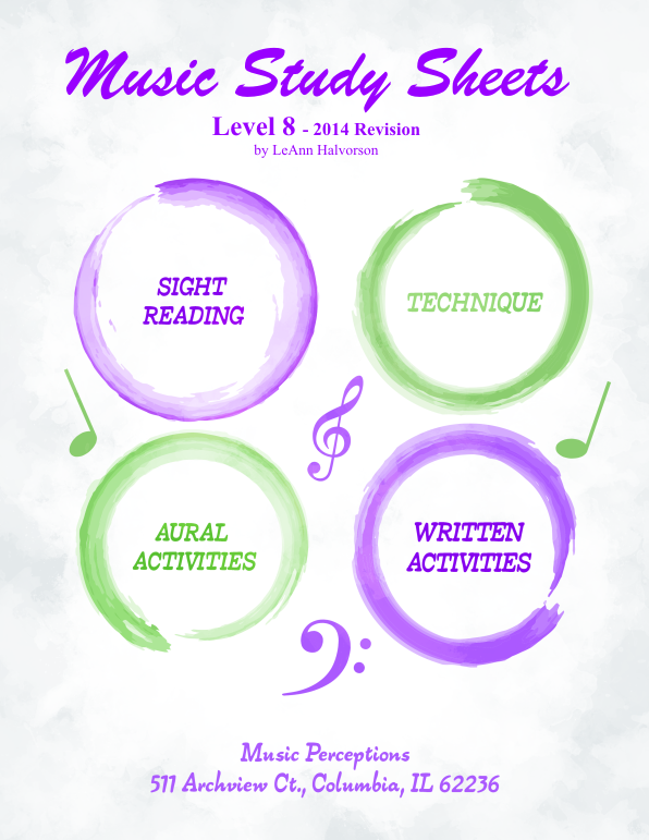 Music Study Sheets Level 8, 2014 and 2003 editions have all the necessary activities for AIM exams. Includes bonus pages and .mp3 files. Suitable for all music students. Access answer pages and .mp3 files on Music Perceptions website. By LeAnn Halvorson. Cover art by Val Halvorson.