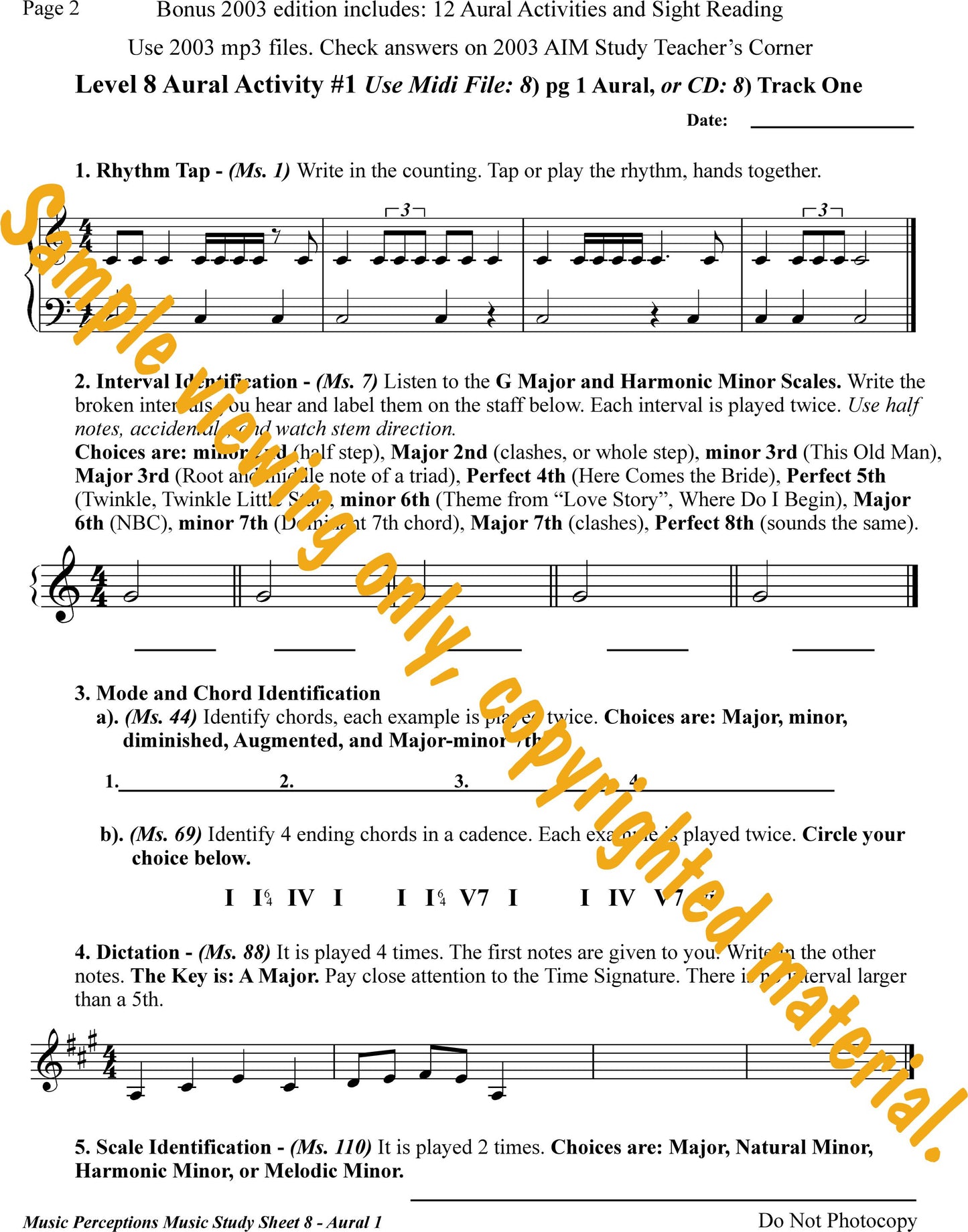 Music Study Sheets Level 8 Sample of Page 2 from Bonus 2003 edition by LeAnn Halvorson. Access to Aural Activity .mp3 files available with purchase of the book by LeAnn Halvorson.