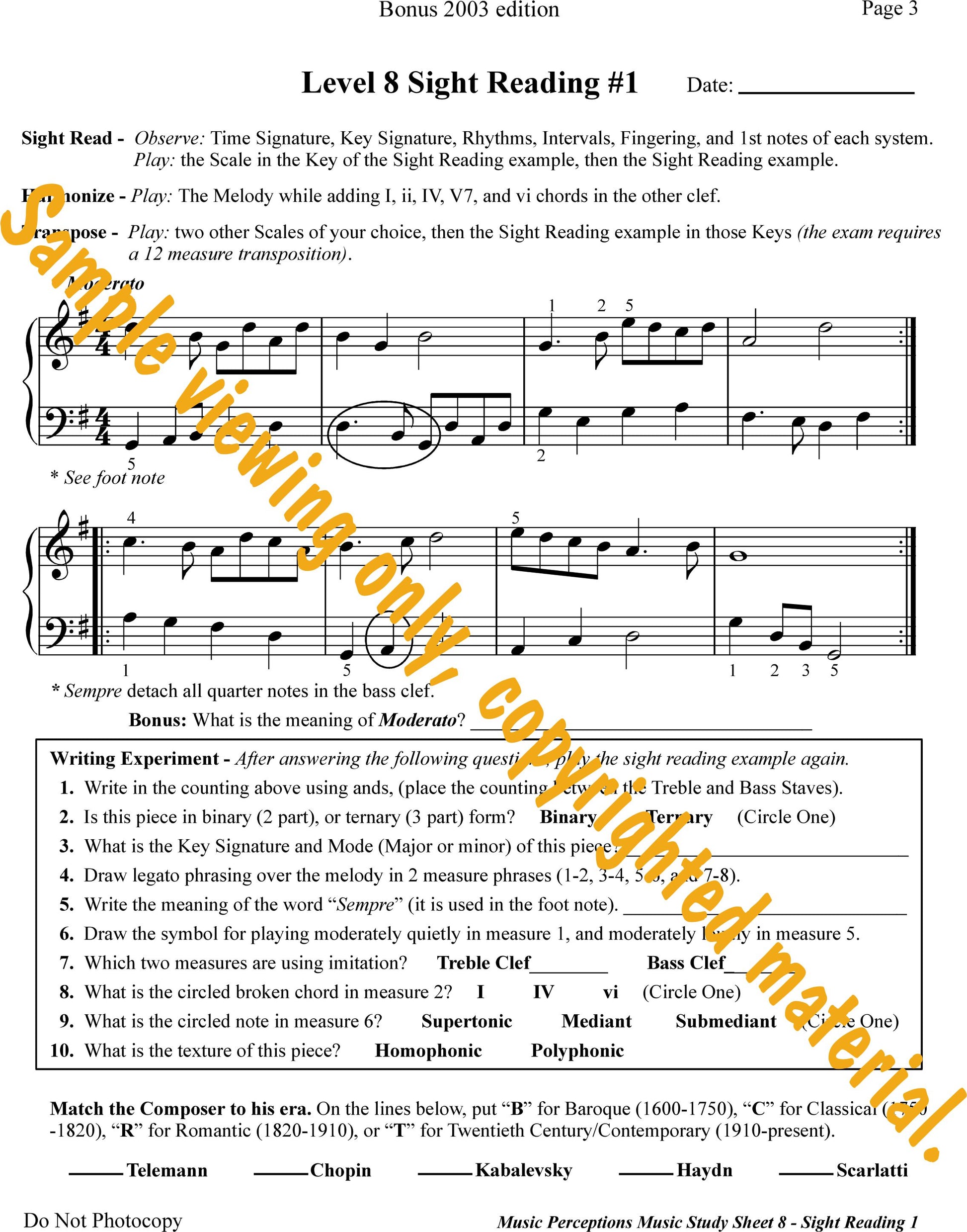 Music Study Sheets Level 8 Sample of Page 3 from Bonus 2003 edition by LeAnn Halvorson.