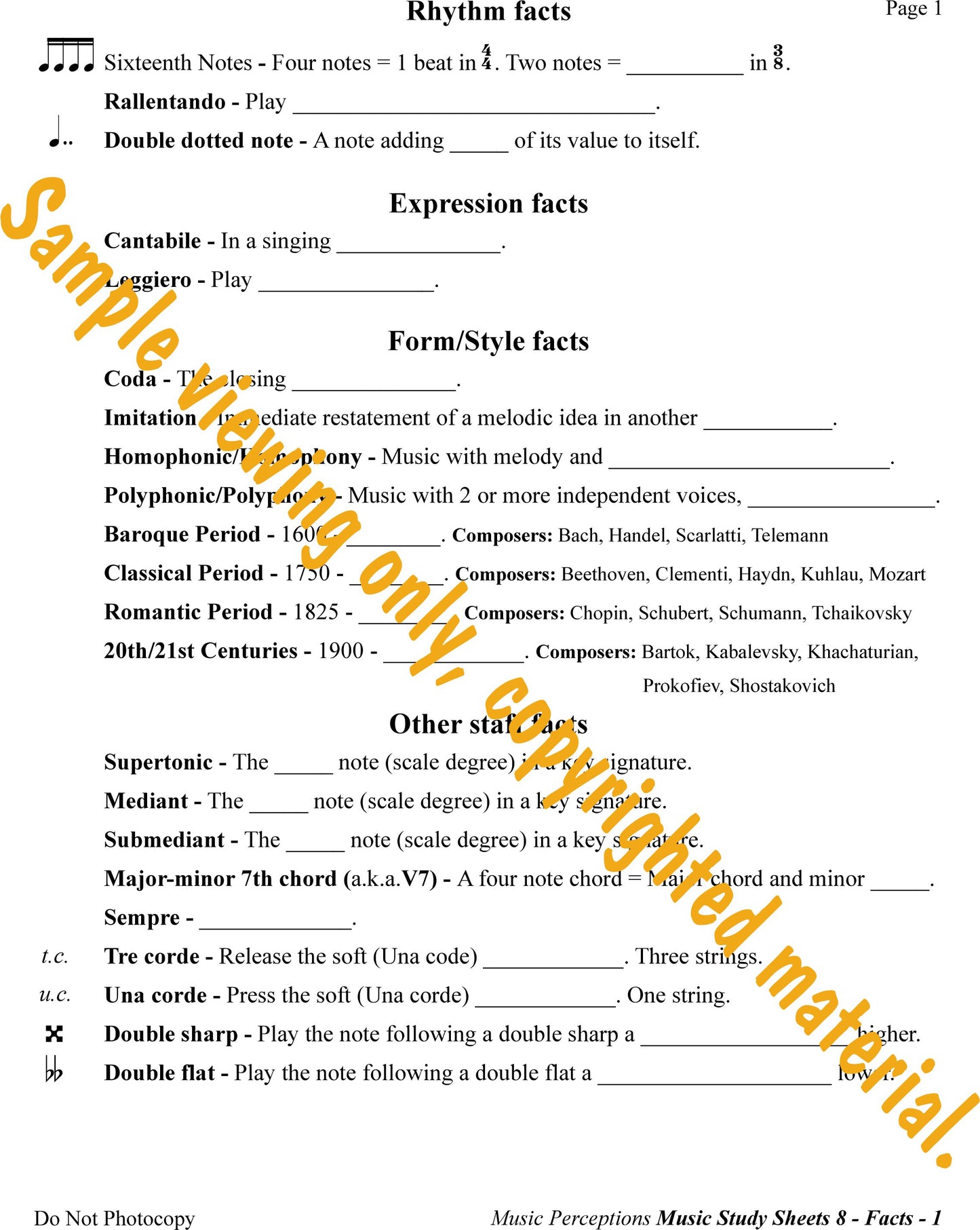 Music Study Sheets Level 8 Sample Page 1 Facts to Know by LeAnn Halvorson.