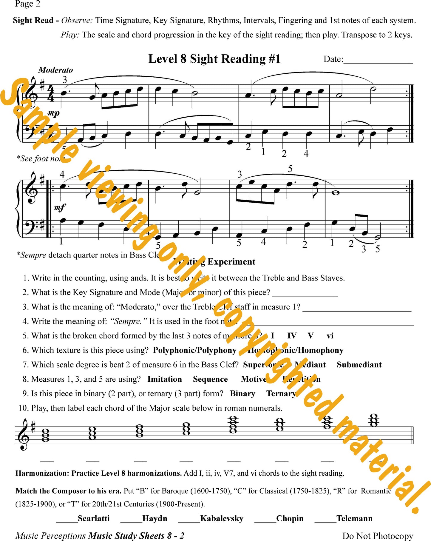 Music Study Sheets Level 8 Sample of Page 2 by LeAnn Halvorson.