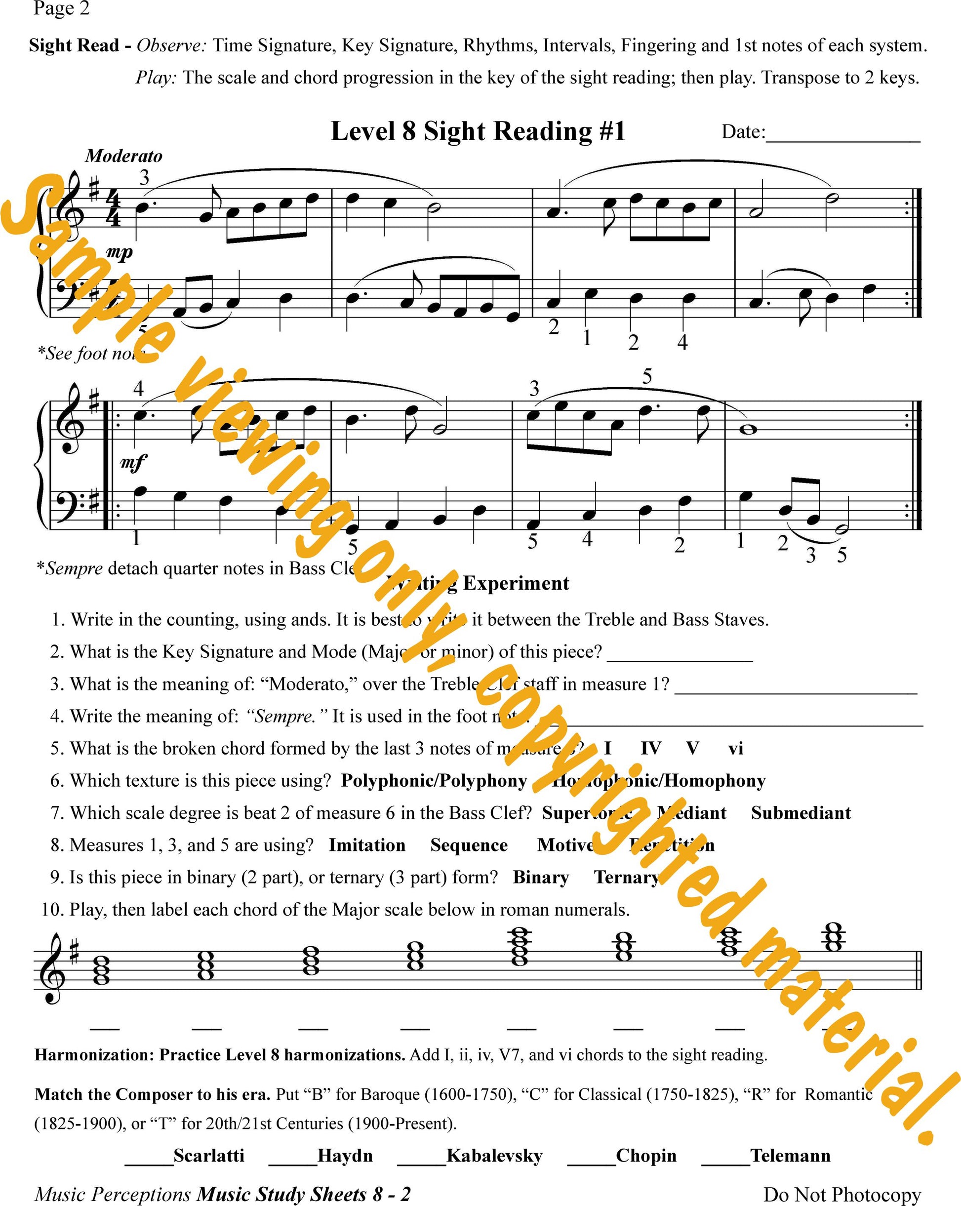 Music Study Sheets Level 8 Sample of Page 2 by LeAnn Halvorson.