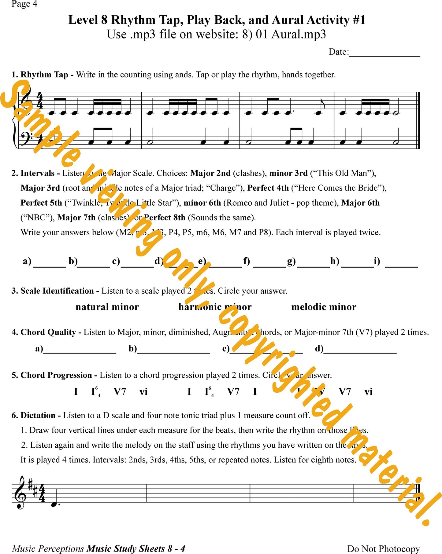 Music Study Sheets Level 8 Sample of Page 4 by LeAnn Halvorson. Access to Aural Activity .mp3 files available with purchase of the book by LeAnn Halvorson.