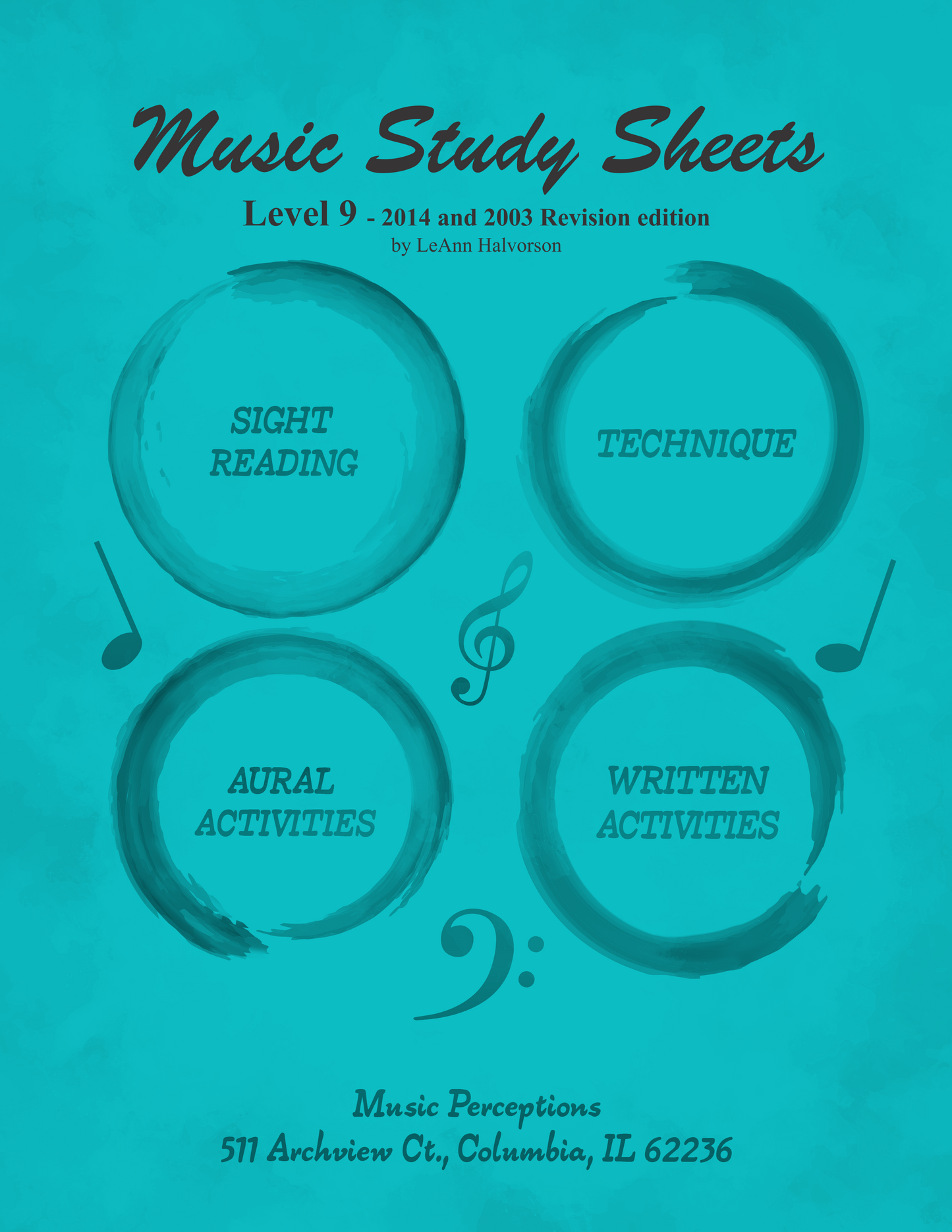 Music Study Sheets Level 9, 2014 and 2003 Revision edition includes Sight Reading, Technique, Music Theory, and Aural Activities to prepare for AIM exams. Bonus pages added from the 2003 edition, usable with any method book. Aural Activity .mp3 files accessed with codes on front inside page at Music Perceptions website. Teacher's Corner provides Answer Pages for AIM Study. By LeAnn Halvorson, Cover art by Val Halvorson.