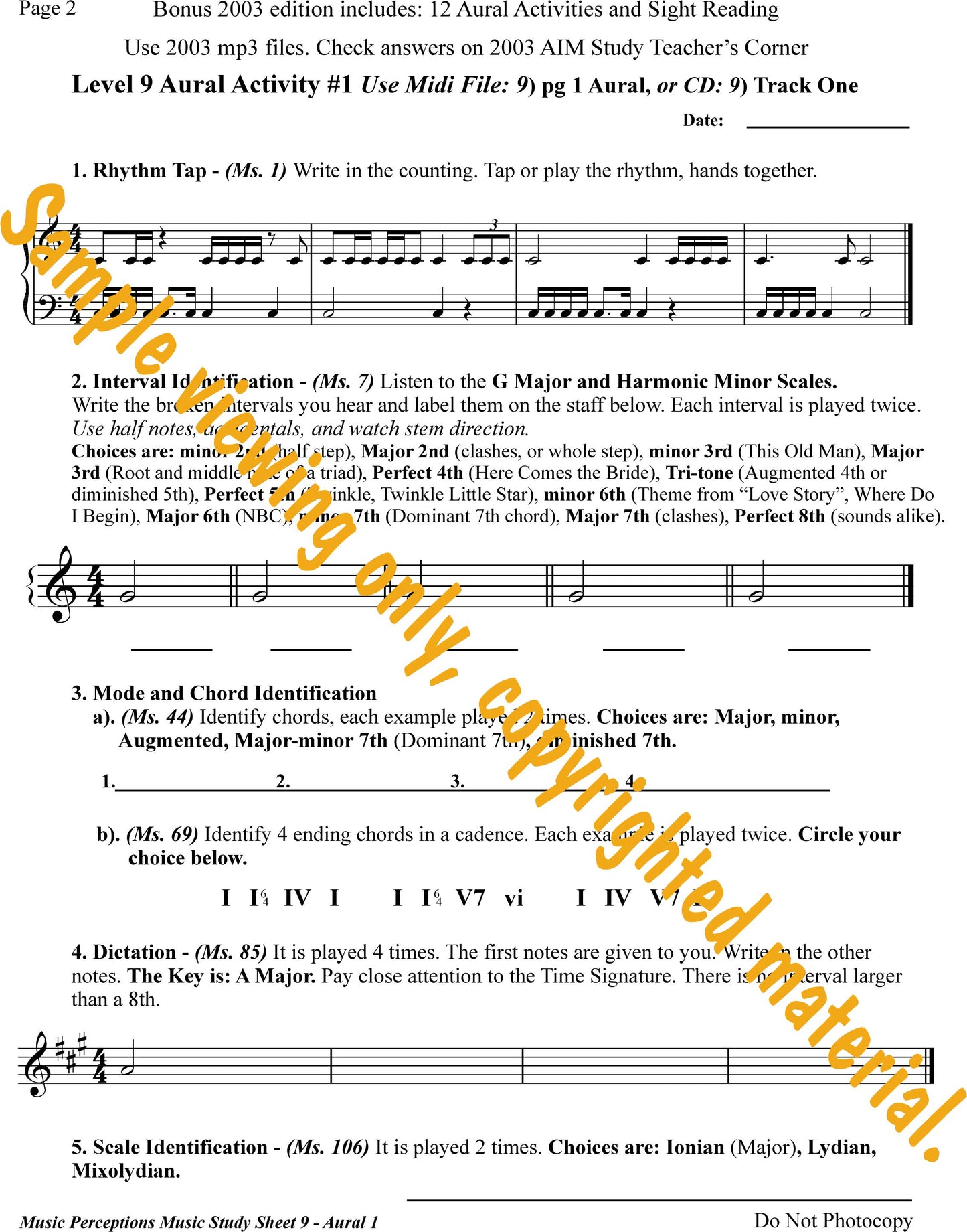 Music Study Sheets Level 9 Sample of Page 2 from Bonus 2003 edition. Access to Aural Activity .mp3 files available with purchase of the book by LeAnn Halvorson.