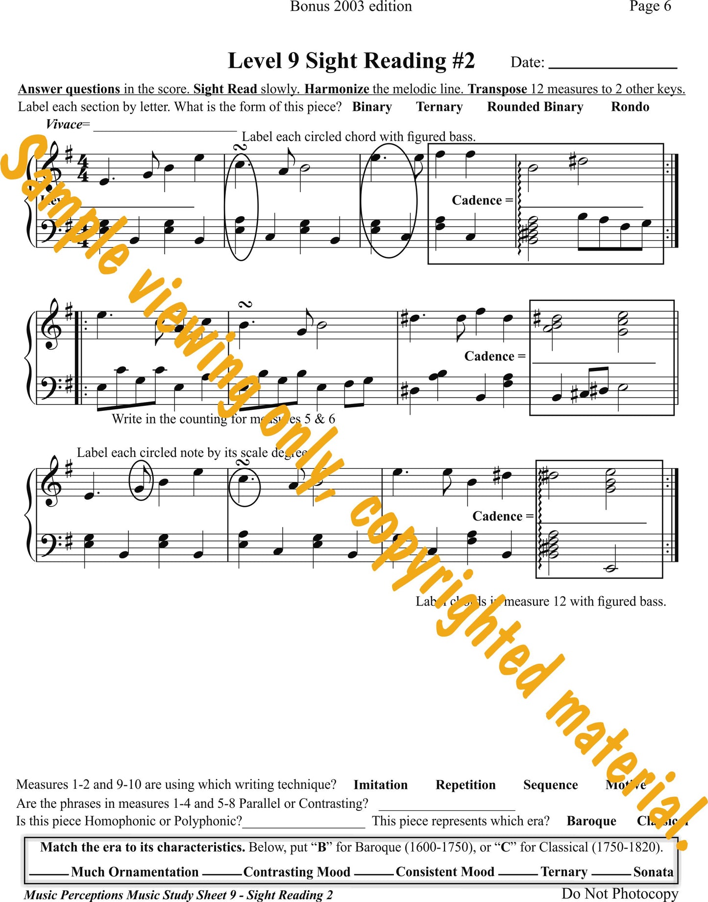 Music Study Sheets Level 9 Sample of Page 6  from Bonus 2003 edition by LeAnn Halvorson.