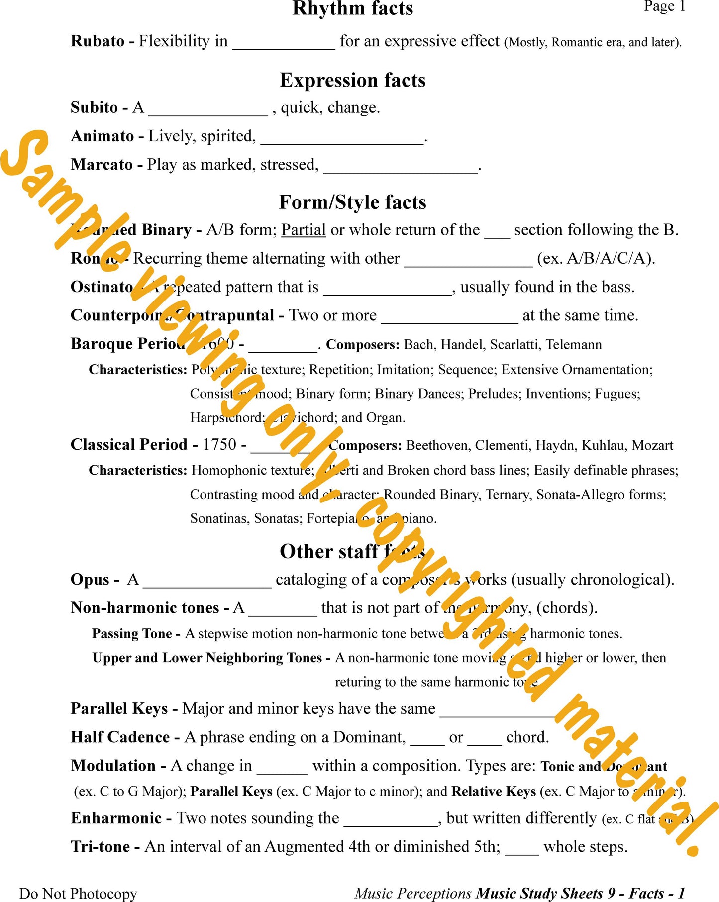 Music Study Sheets Level 9 Sample of Page 1 Facts to Know by LeAnn Halvorson.