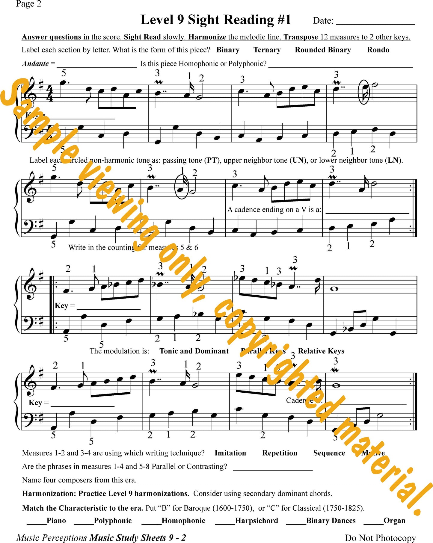 Music Study Sheets Level 9 Sample of Page 2 by LeAnn Halvorson.