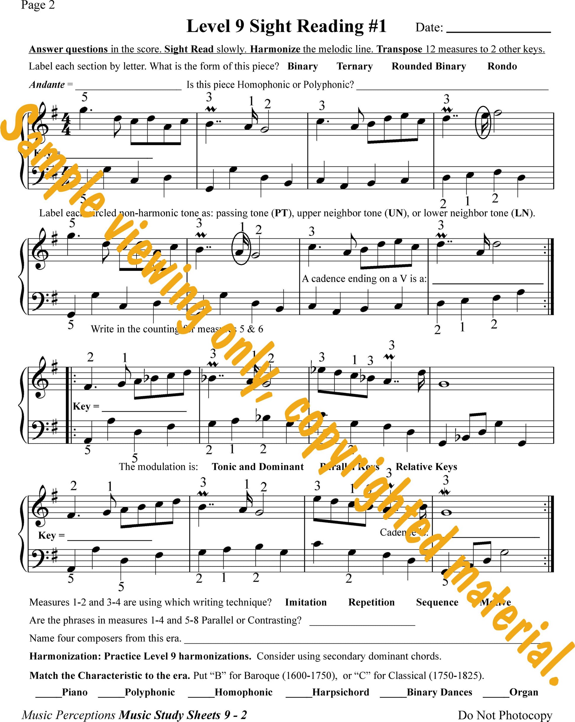 Music Study Sheets Level 9 Sample of Page 2 by LeAnn Halvorson.