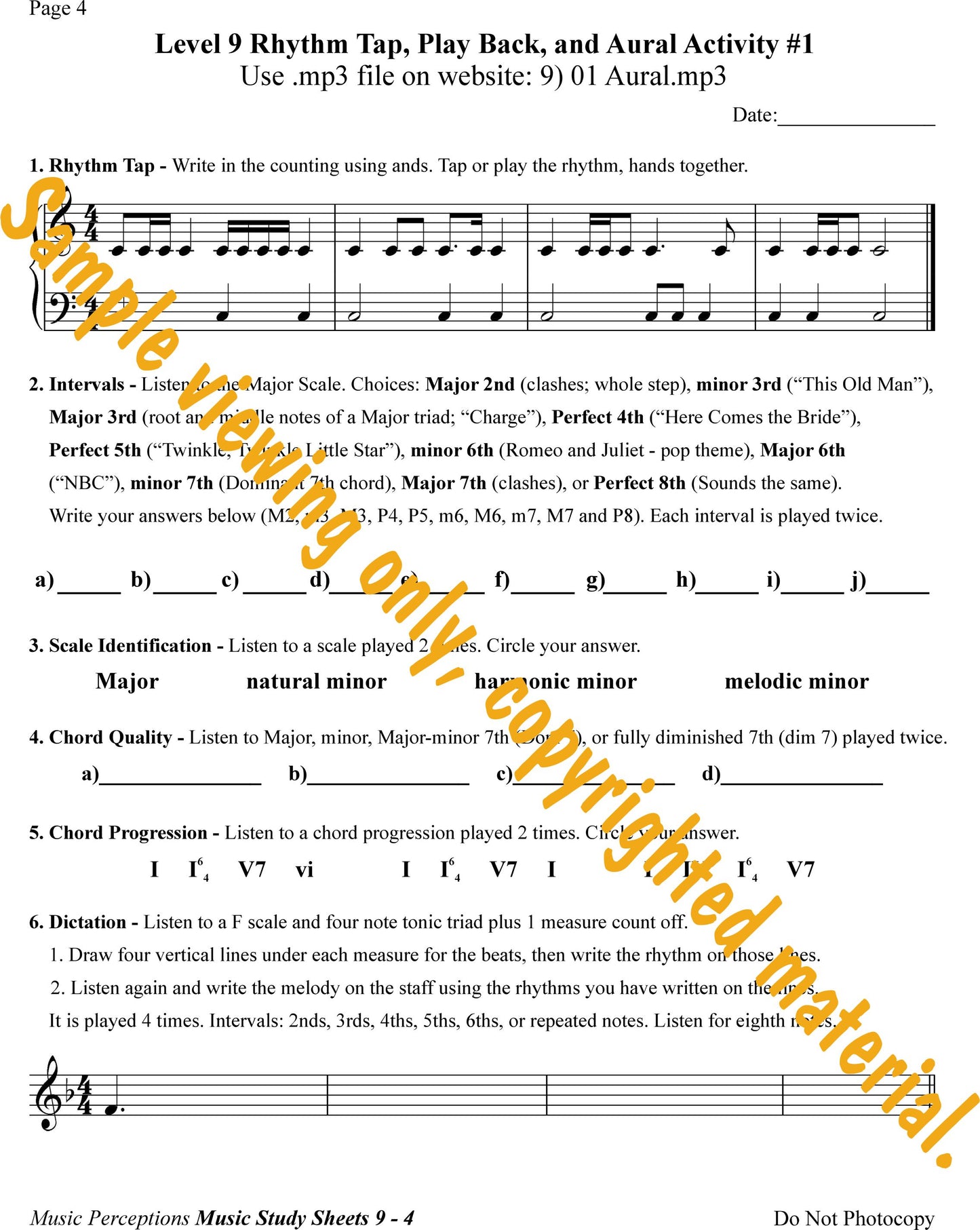 Music Study Sheets Level 9 Sample of Page 4. Access to Aural Activity .mp3 files available with purchase of the book by LeAnn Halvorson.