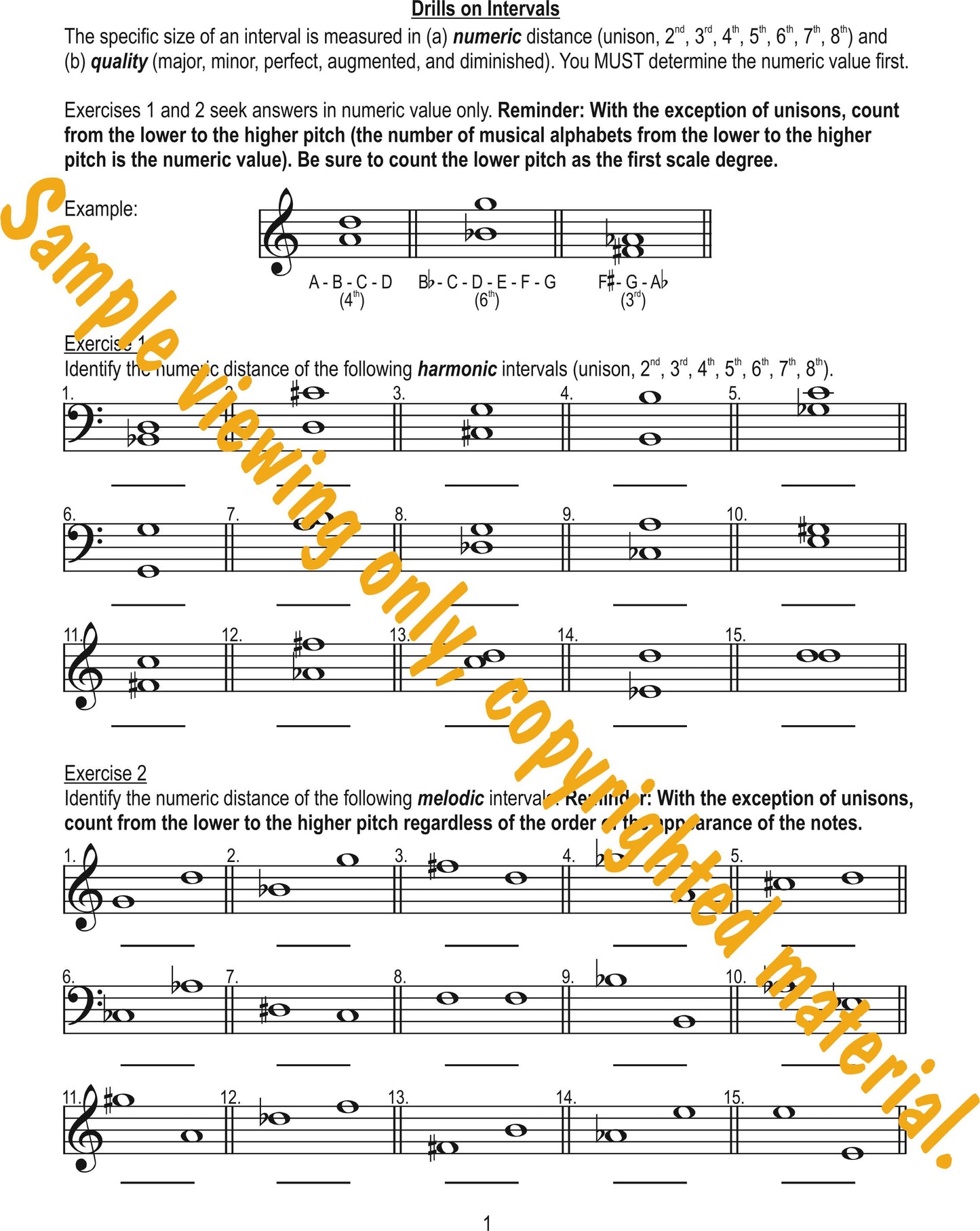 Music Theory Drills on Intervals Sample Page 1. Identification of harmonic and melodic intervals by Dr. Huei Li Chin.