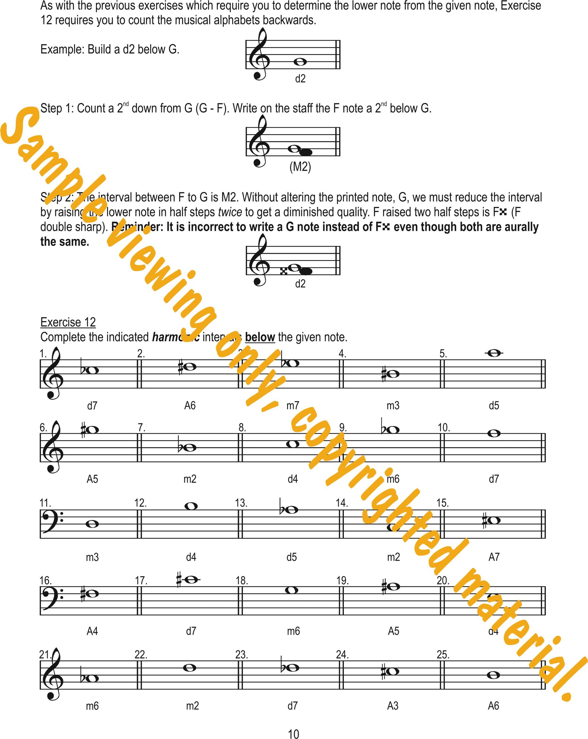 Music Theory Drills on Intervals Sample Page 10. Write the harmonic interval below a given note by size and quality by Dr. Huei Li Chin.