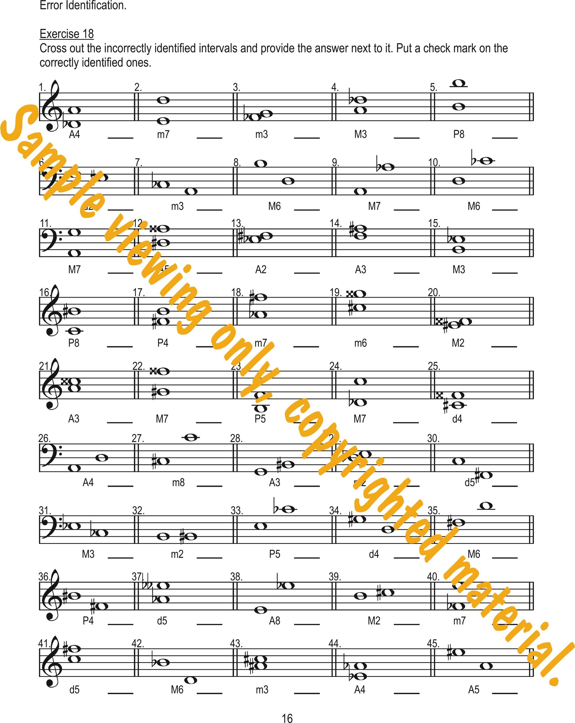 Music Theory Drills on Intervals Sample Page 16. Cross out the incorrect intervals and provide the correct answer by Dr. Huei Li Chin.