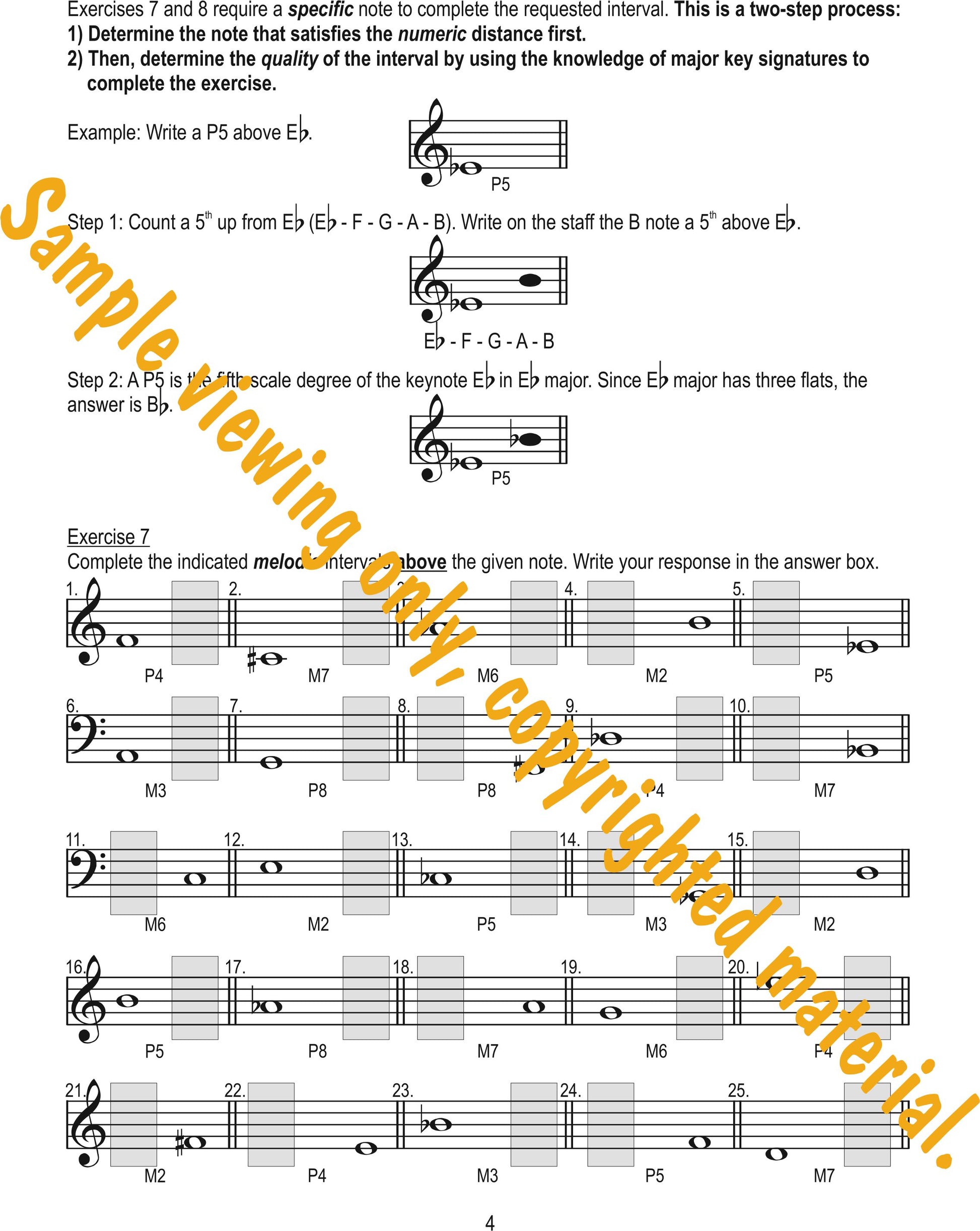 Music Theory Drills on Intervals Sample Page 4. Writing the interval by numeric distance and quality above the given note by Dr. Huei Li Chin.