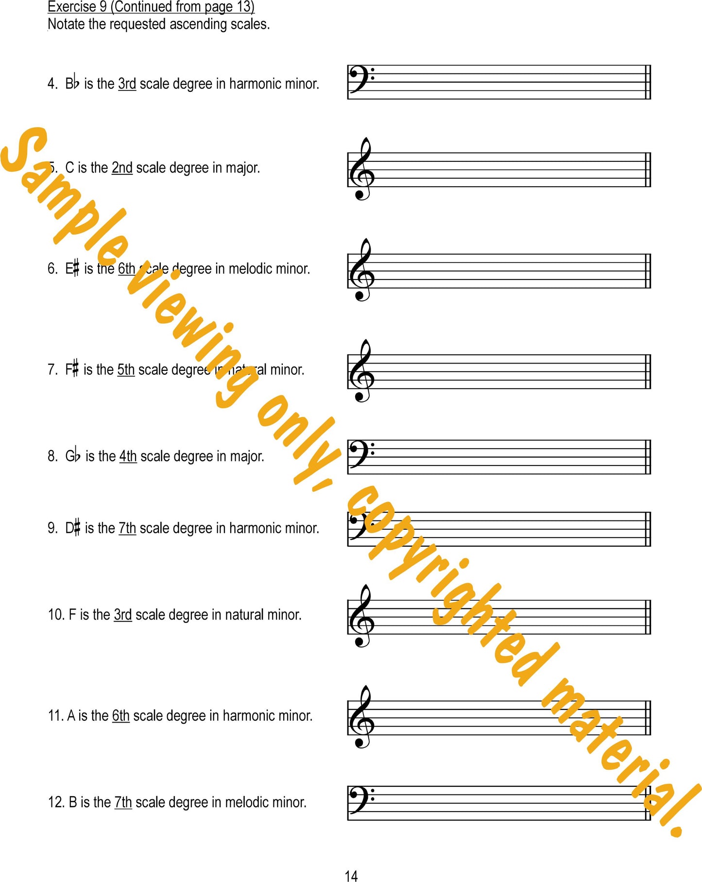 Music Theory Drills on Scales and Keys Sample Page 14. Notate ascending scales by using the description of key and scale degree by Dr. Huei Li Chin.