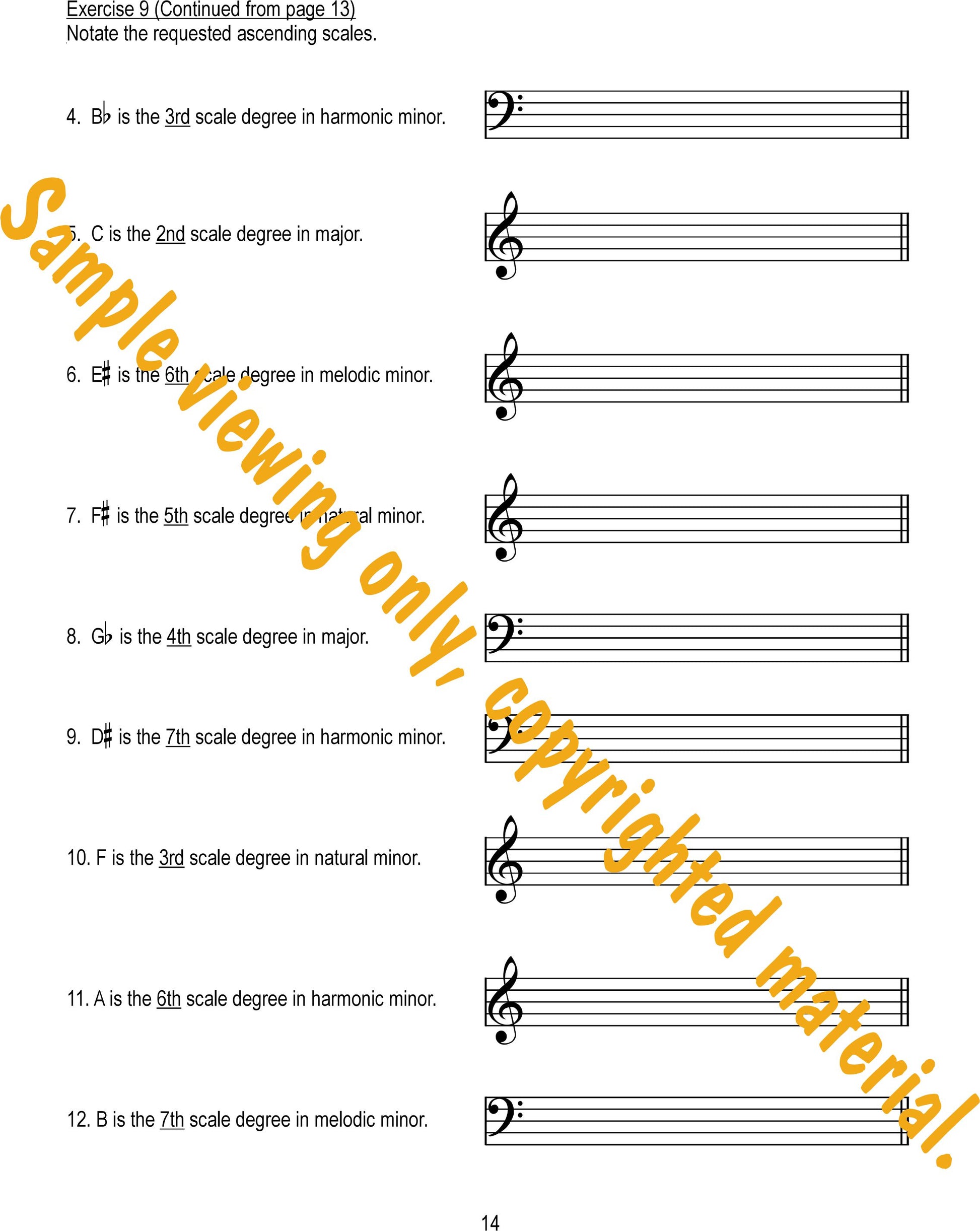 Music Theory Drills on Scales and Keys Sample Page 14. Notate ascending scales by using the description of key and scale degree by Dr. Huei Li Chin.