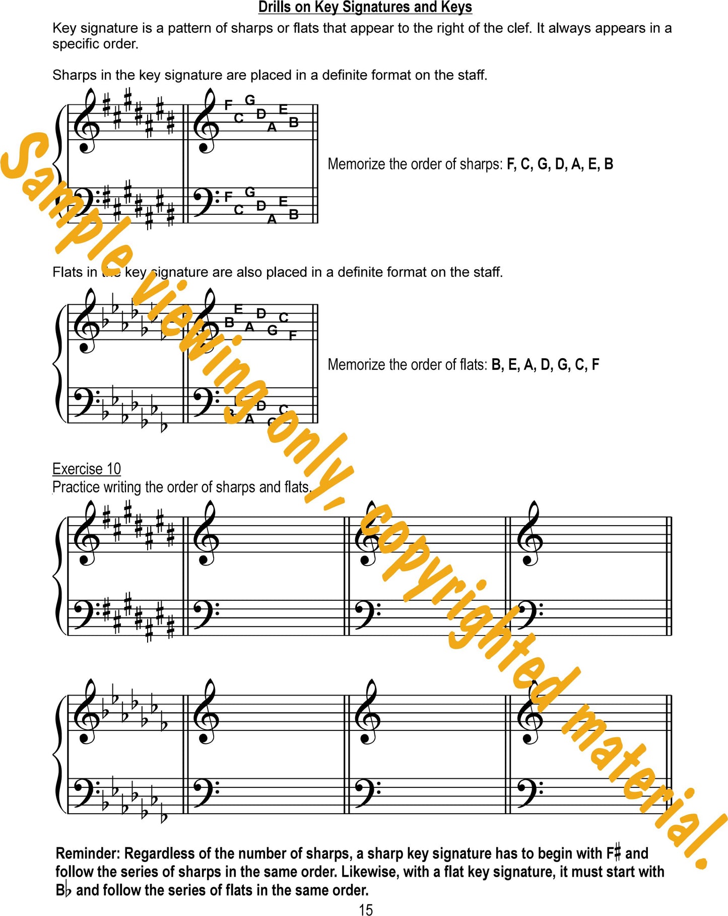 Music Theory Drills on Scales and Keys Sample Page 15. Drill in writing the order of sharps and flats by Dr. Huei Li Chin.