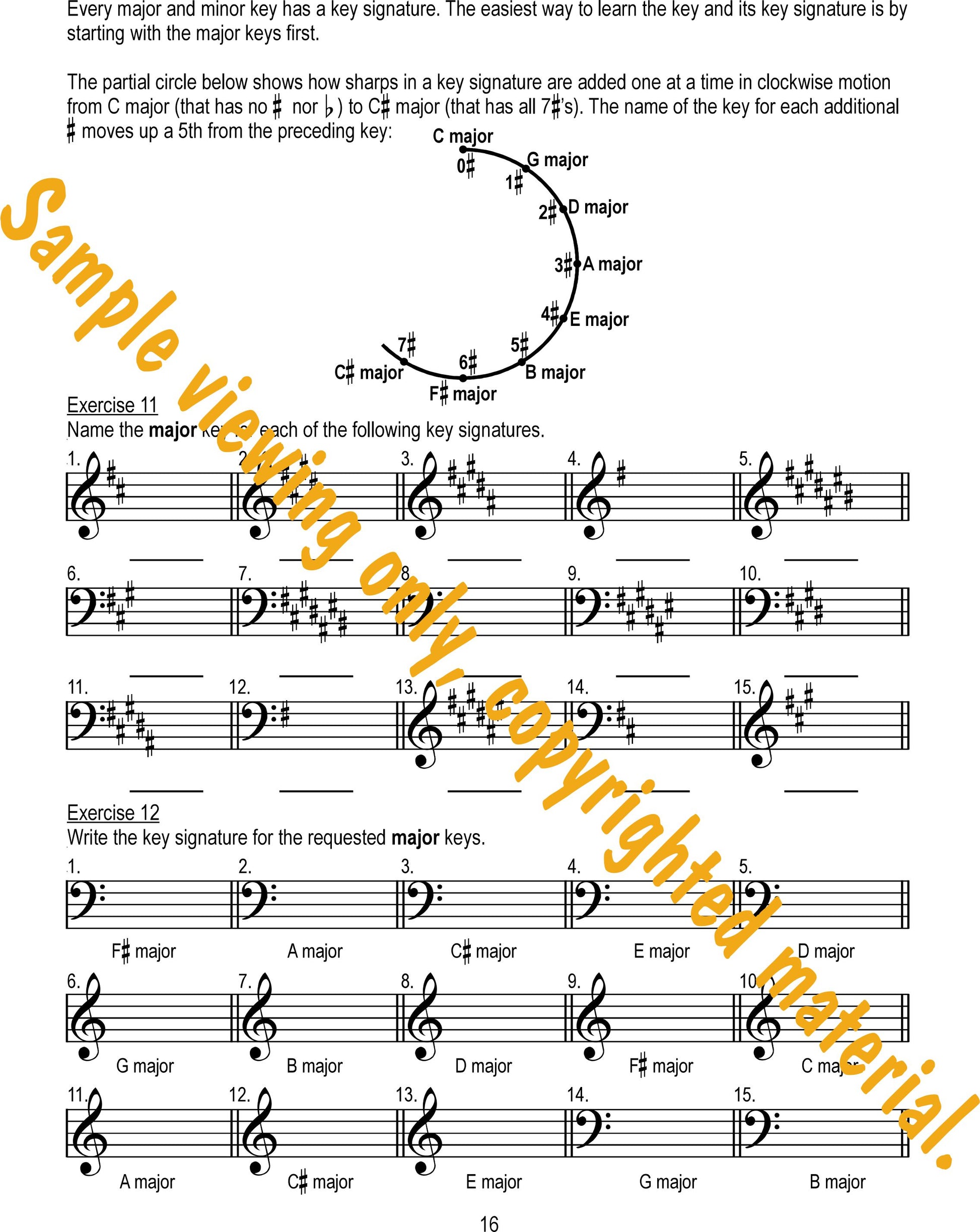 Music Theory Drills on Scales and Keys Sample Page 16. Identifying and writing of major keys in sharp key signatures by Dr. Huei Li Chin.