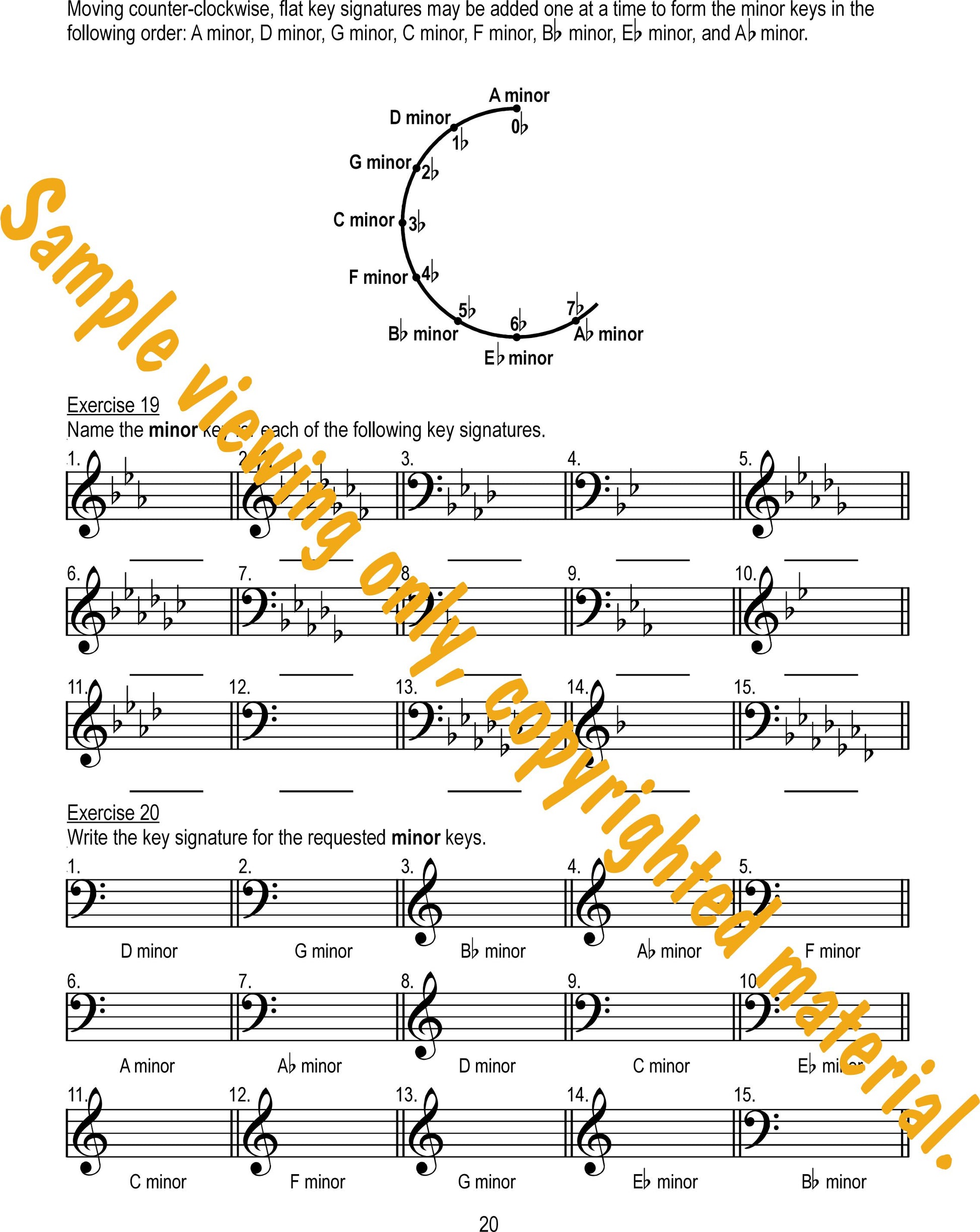 Music Theory Drills on Scales and Keys Sample Page 20. Identifying and writing minor key signatures in flat keys by Dr. Huei Li Chin.