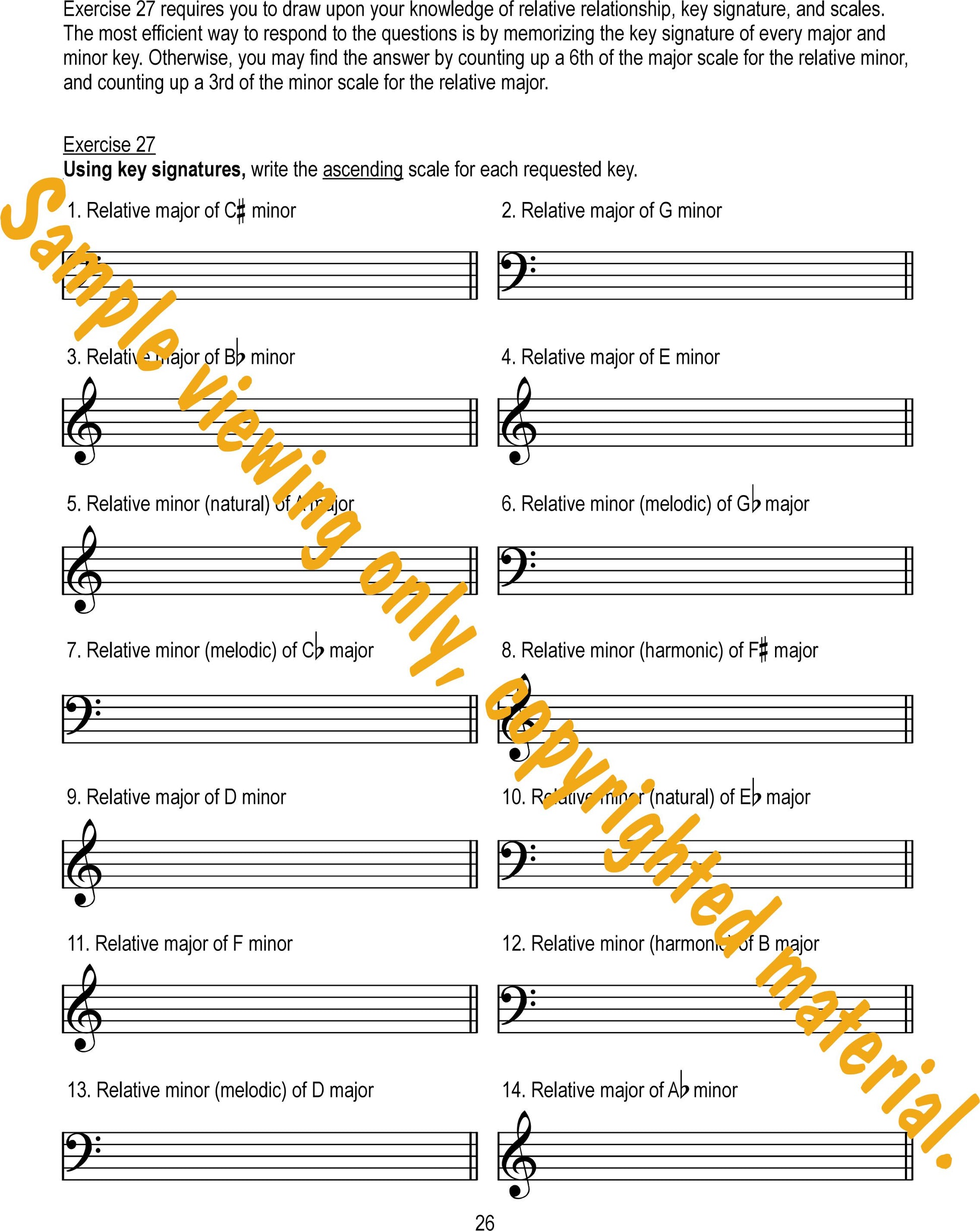 Music Theory Drills on Scales and Keys Sample Page 26. Writing the ascending scale for each requested key by Dr. Huei Li Chin.