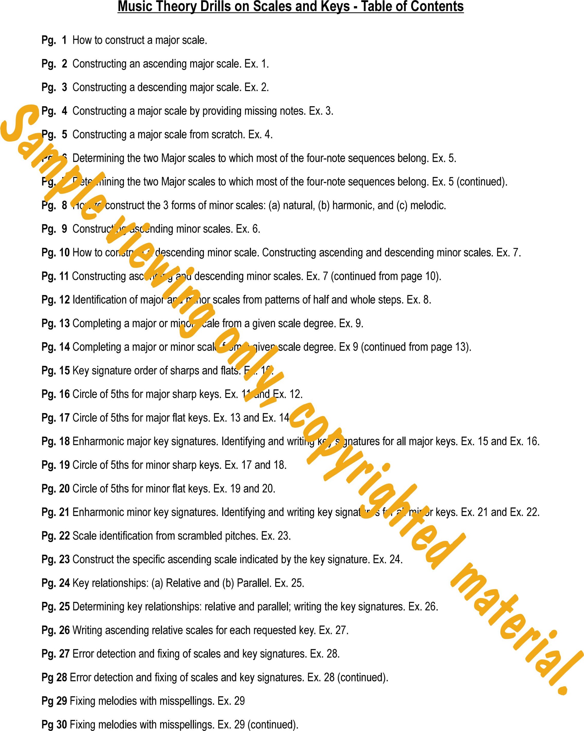 Music Theory Drills on Scales and Keys - Table of Contents by Dr. Huei Li Chin.