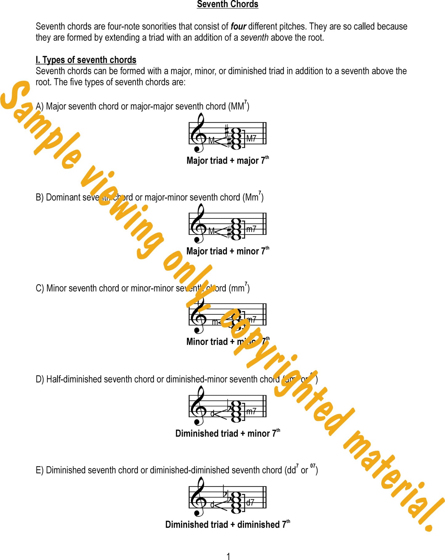 Music Theory Drills on Seventh Chords Sample Page 1. Types of seventh chords by Dr. Huei Li Chin.