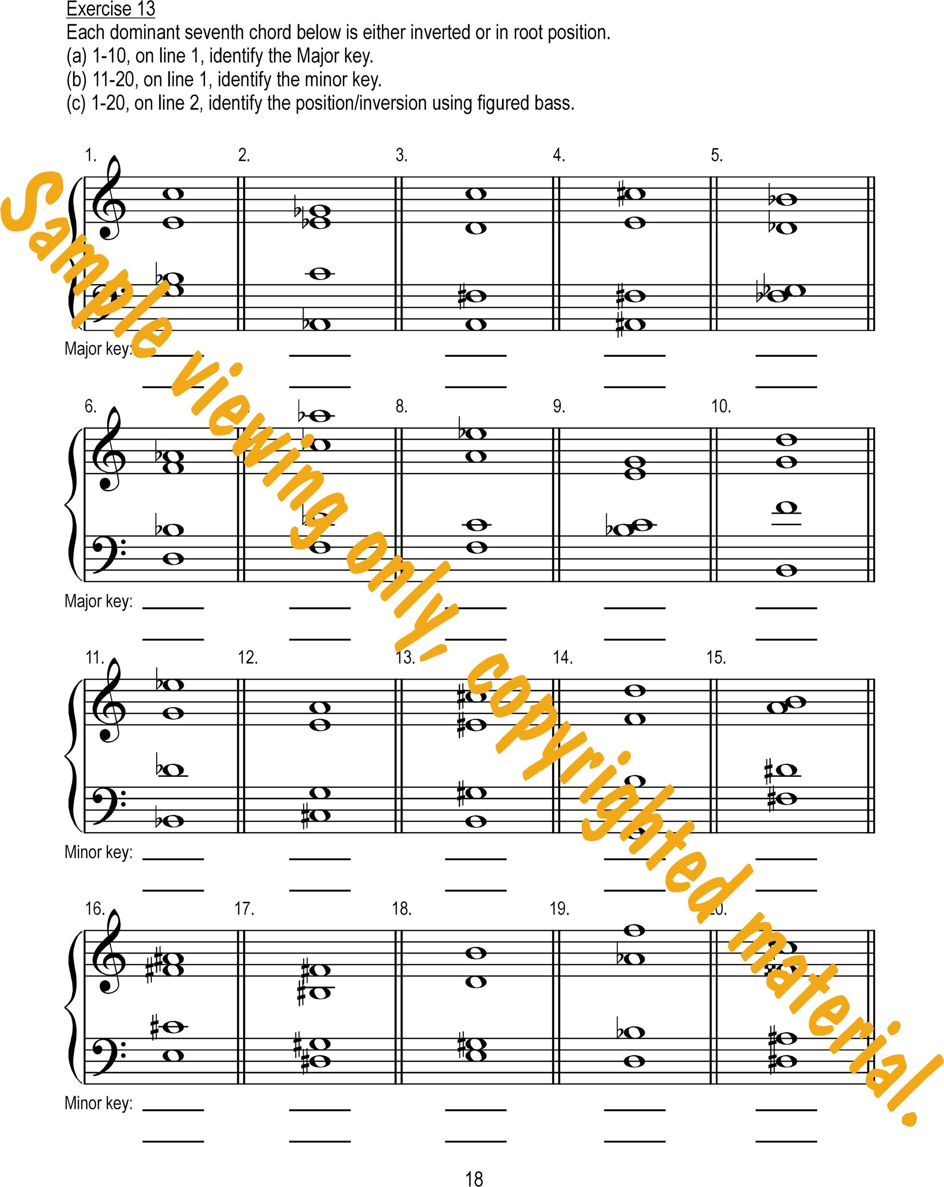 Music Theory Drills on Seventh Chords Sample Page 18. Identifying seventh chords in root or inversion from open position chords by Dr. Huei Li Chin.