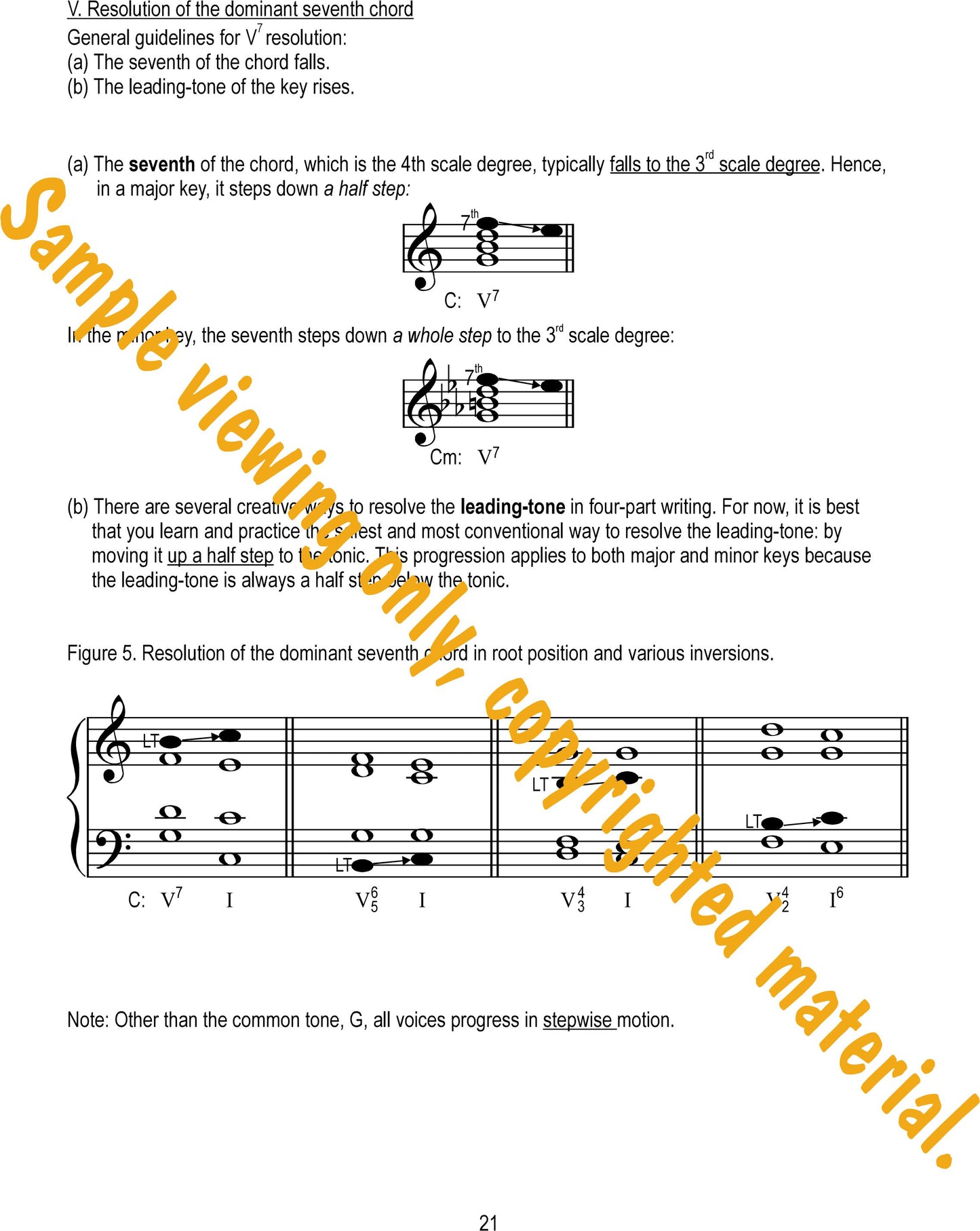 Music Theory Drills on Seventh Chords Sample Page 21. Resolution of the dominant 7th chord by Dr. Huei Li Chin.