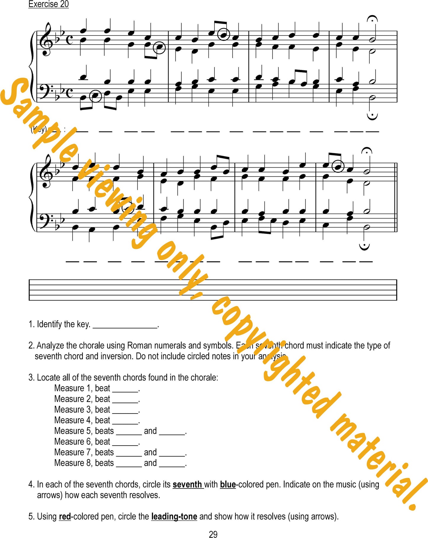 Music Theory Drills on Seventh chords Sample Page 29. Analysis of the chorale using Roman numerals and symbols by Dr. Huei Li Chin.