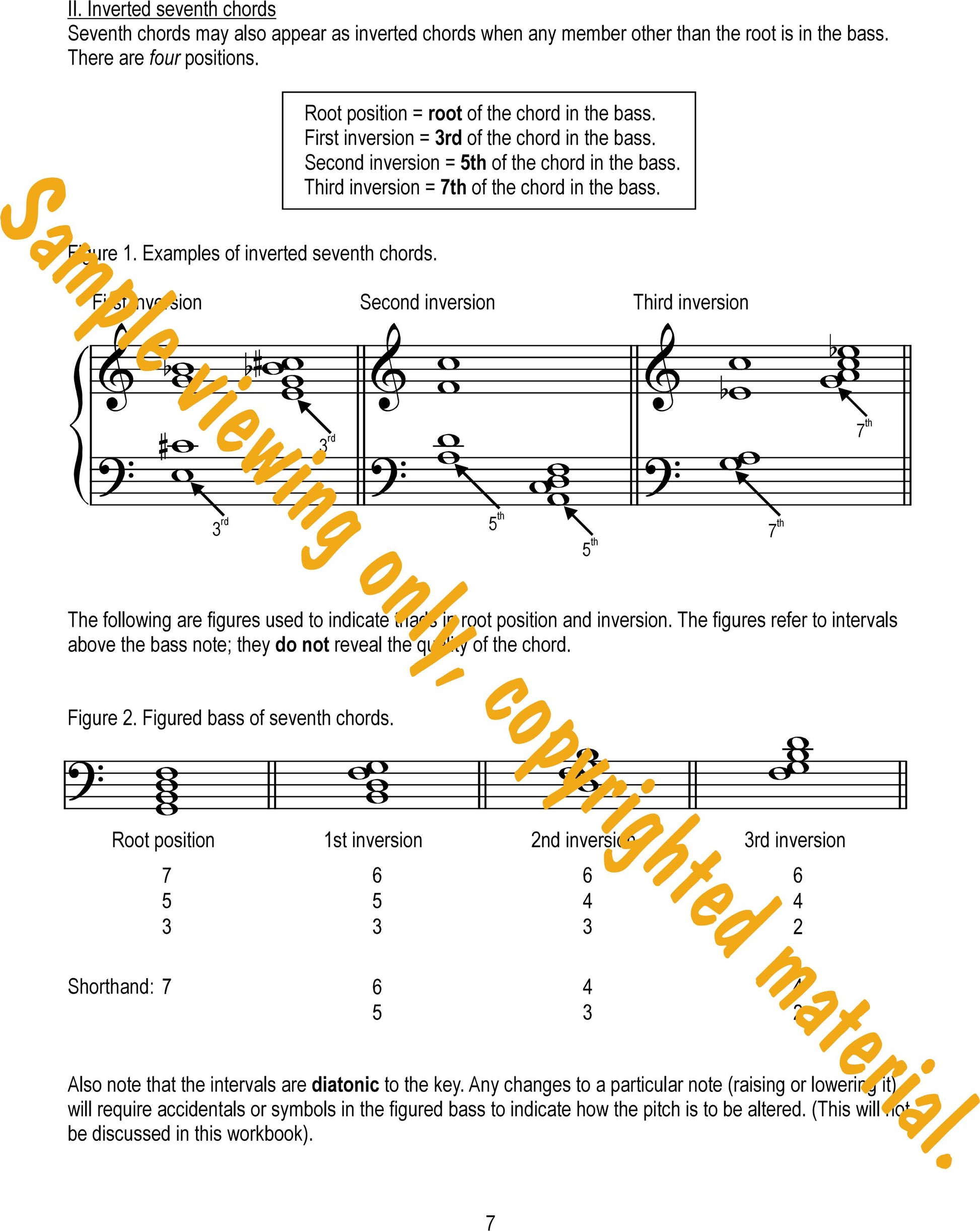 Music Theory Drills on Seventh Chords Sample Page 7. Examples of inverted seventh chords and figured bass of seventh chords by Dr. Huei Li Chin.