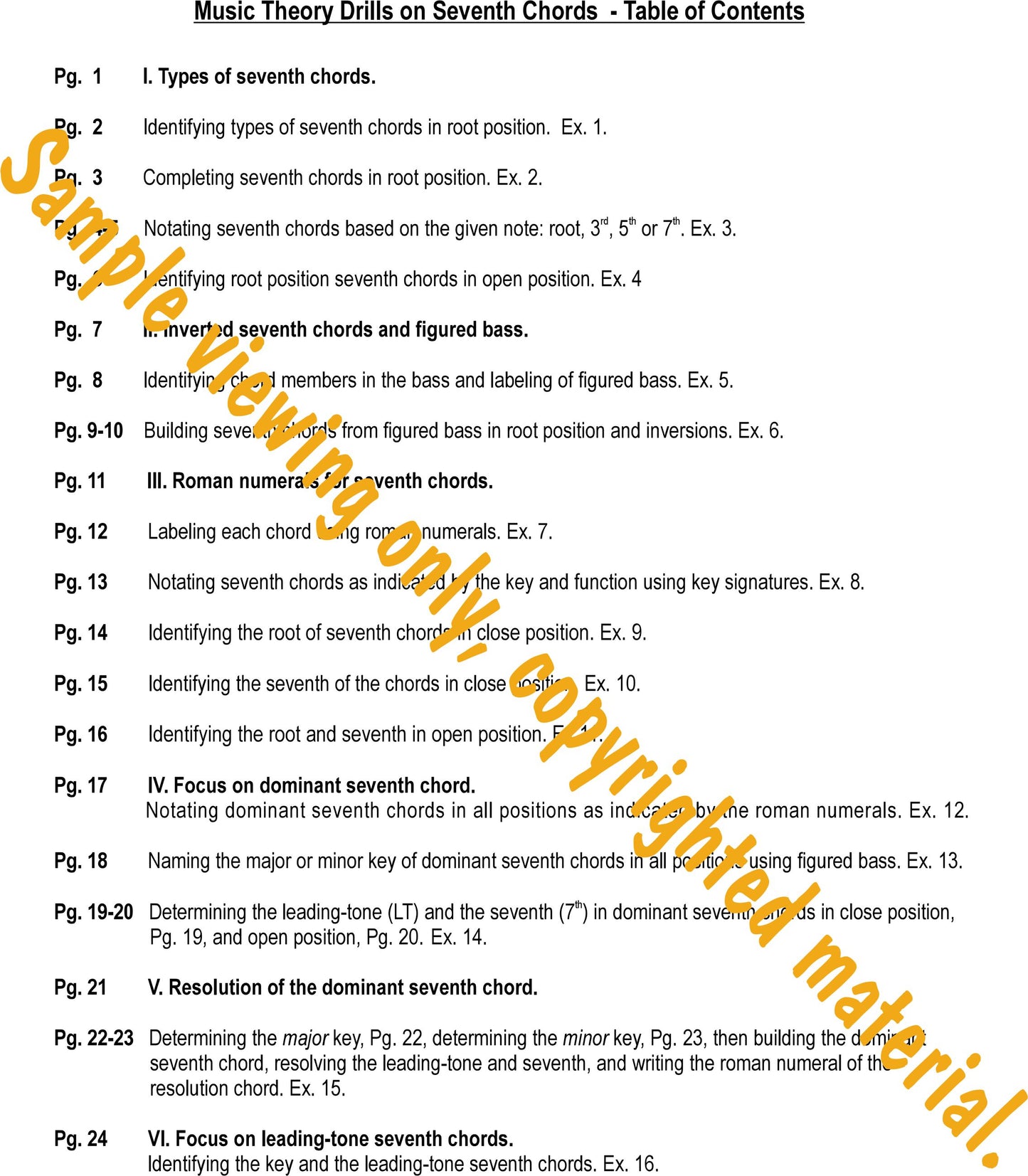 Music Theory Drills on Seventh Chords - Table of Contents 1 by Dr. Huei Li Chin.