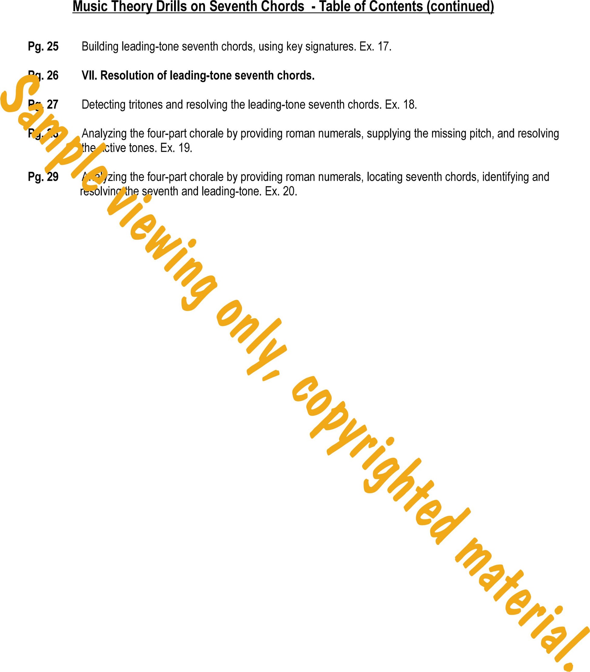 Music Theory Drills on Seventh Chords - Table of Contents 2 by Dr. Huei Li Chin.