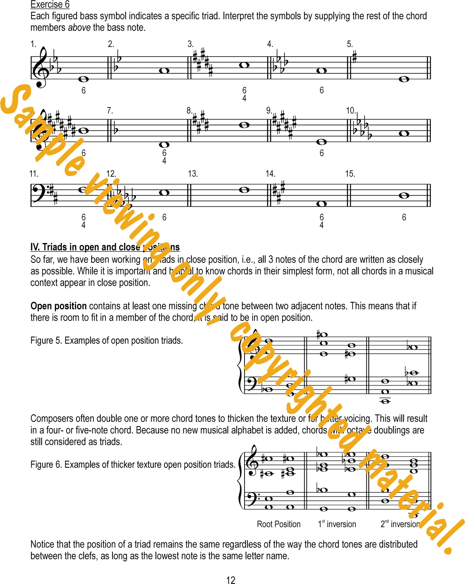 Music Theory Drills on Triads and Inversions Sample Page 12. Building triads above a bass note by using figured bass and examples of triads in open positions by Dr. Huei Li Chin.