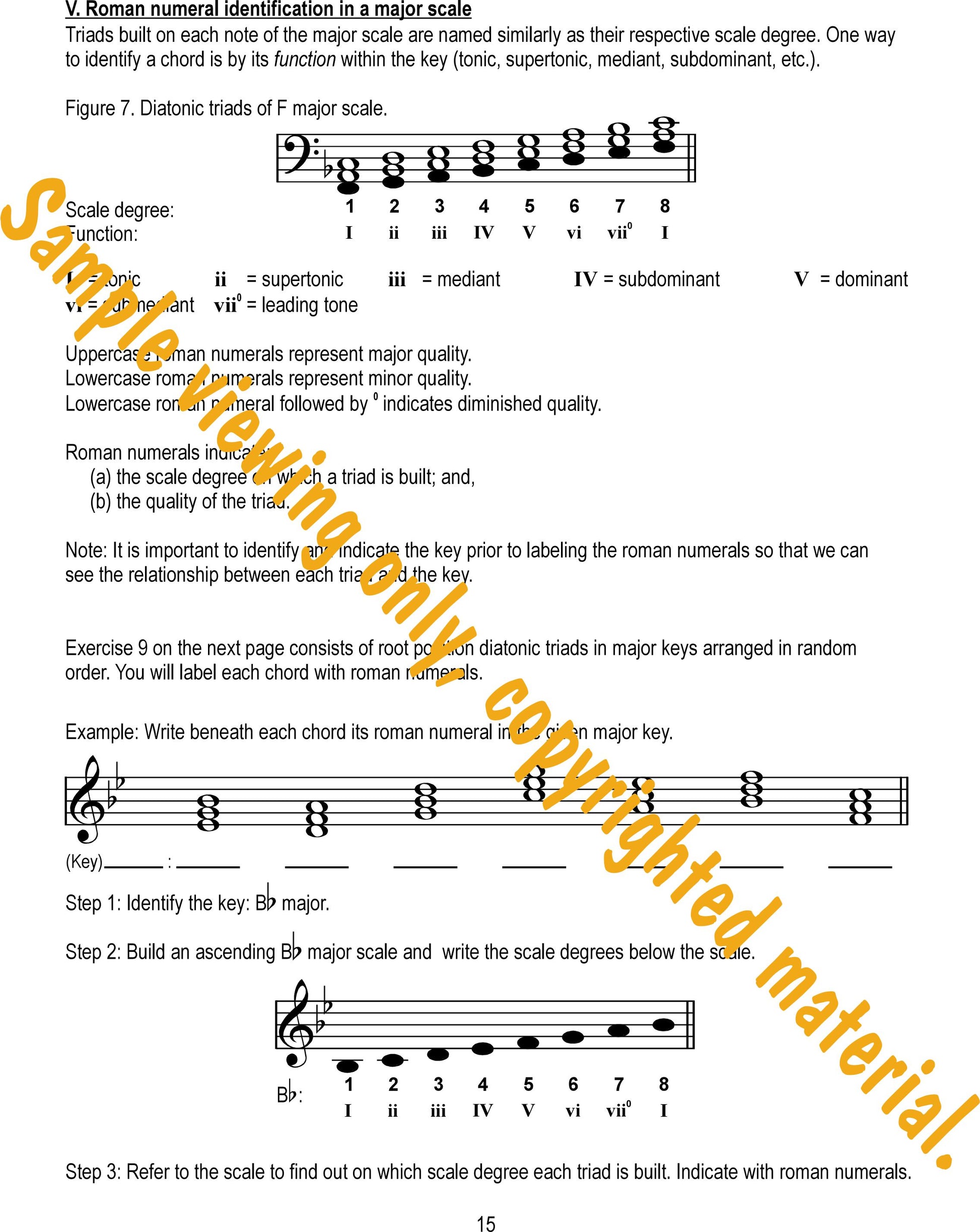 Music Theory Drills on Triads and Inversions Sample Page 15. Roman numeral identification of triads in a major scale by Dr. Huei Li Chin.