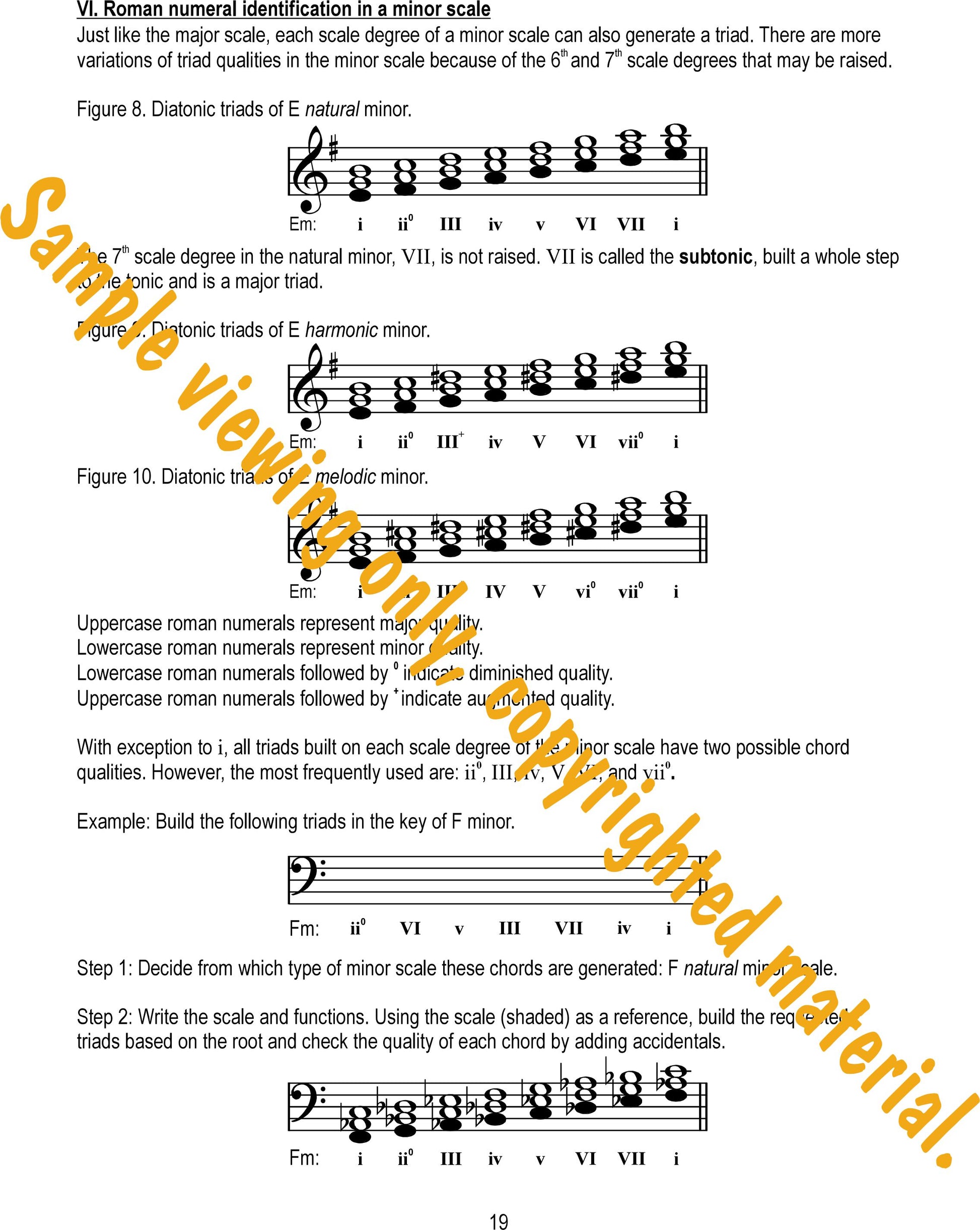 Major Theory drills on Triads and Inversions Sample Page 19. Roman numeral identification of triads in minor scales by Dr. Huei Li Chin.