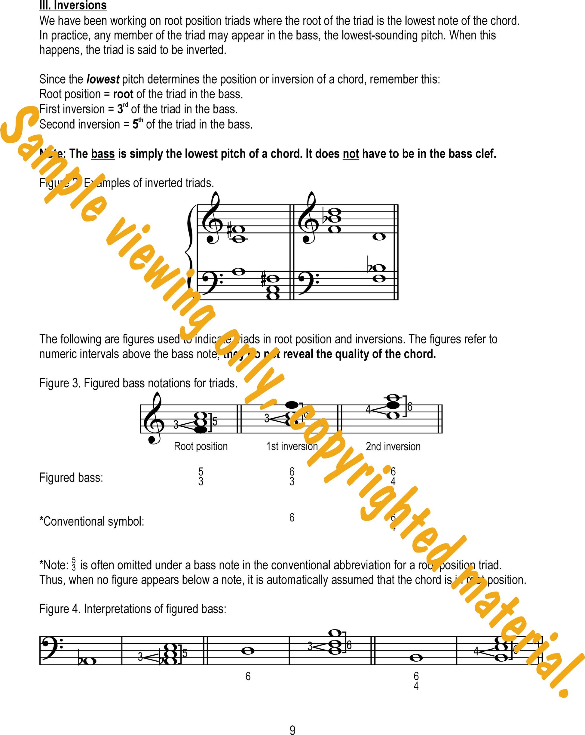 Music Theory Drills on Triads and Inversions Sample Page 9. Types of inversions and labeling with figured bass by Dr. Huei Li Chin.