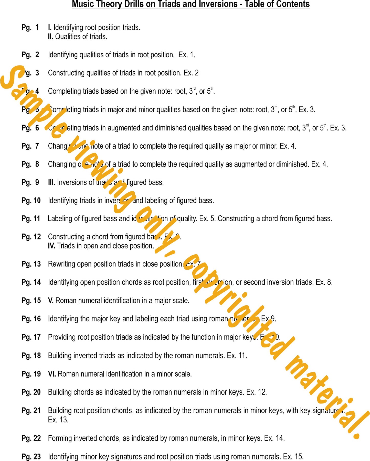 Music Theory Drills on Triads and Inversions - Table of Contents 1 by Dr. Huei Li Chin.