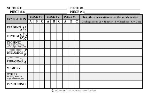 These forms are great to use in Performance Class to help students prepare for upcoming performance events. Three pieces can be evaluated. Students are evaluated on: Reading, Rhythm, Technic, Dynamics, Phrasing, Memory, Other and Practicing. 32 forms included. By LeAnn Halvorson