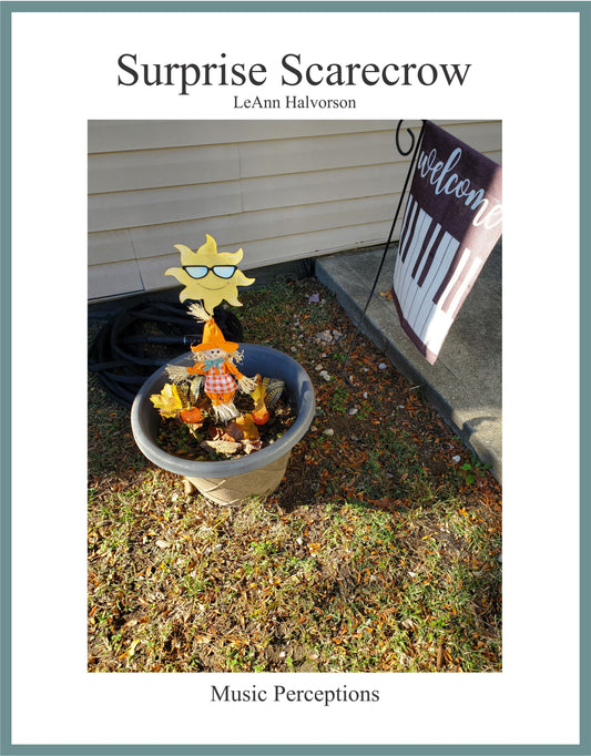 Surprise Scarecrow is an early intermediate level piano solo in F Major. With syncopated rhythms and catchy lyrics, students will love learning this piece. It is dedicated to a helpful neighbor who decorates my garden during busy times. A must-have addition for Fall and Halloween favorites. By LeAnn Halvorson.