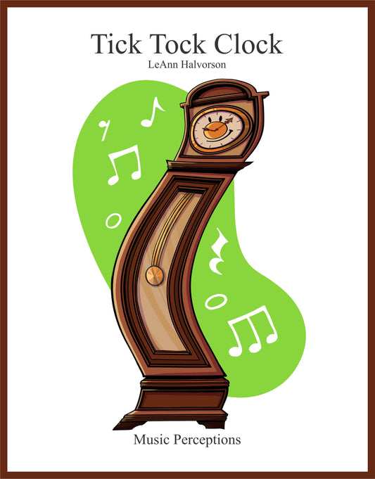 Tick Tock Clock is a late elementary level piece for solo piano. It features staccato with a swing rhythm and a cool chime effect that will entice pianists to play this piece. It is composed by LeAnn Halvorson. Enhance your piano repertoire with Tick Tock Clock. It can be played any time of year. The middle section in g minor adds a spooky element, also making it a great choice for Halloween performances.